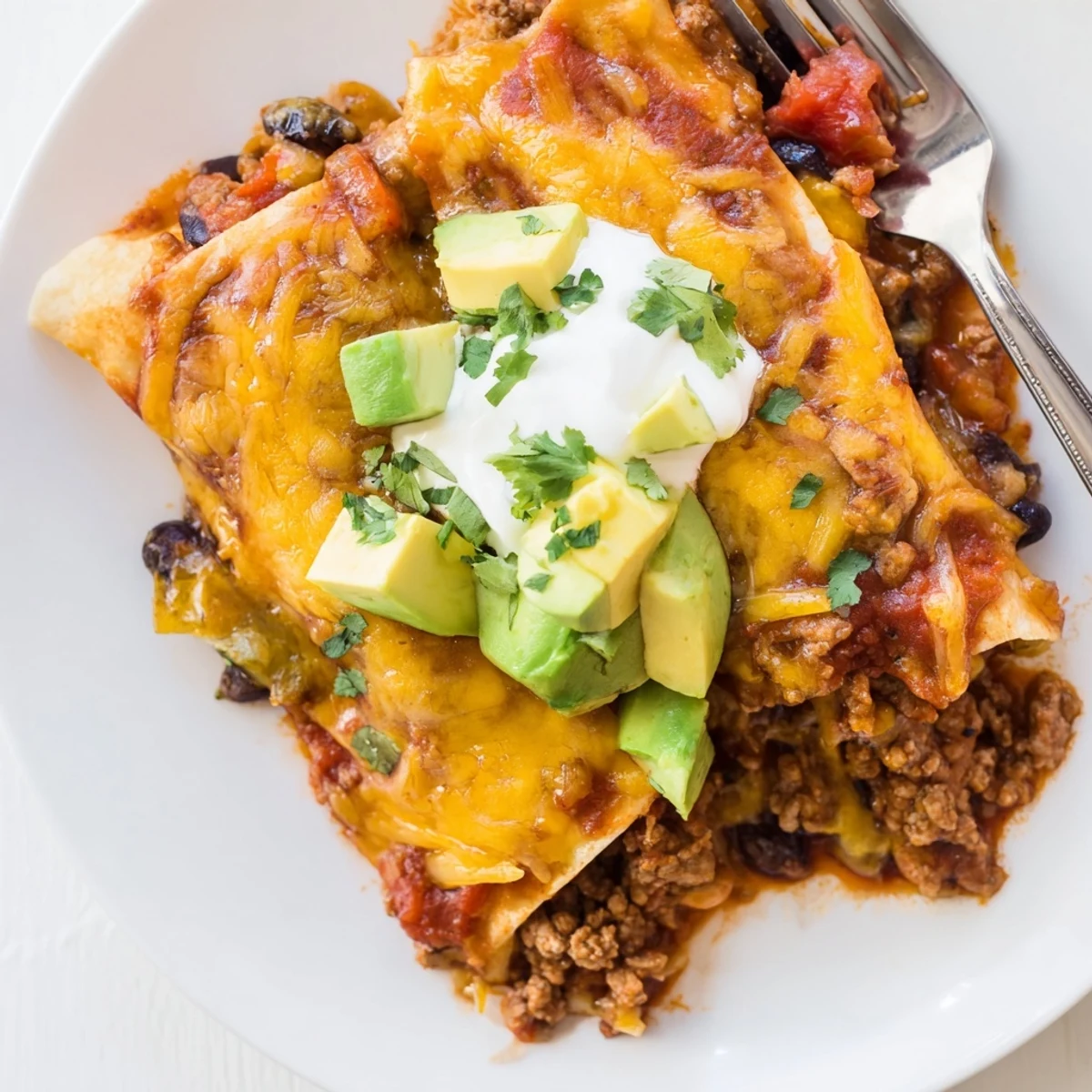 Hot from the oven, Beef Skillet Enchiladas topped with sour cream and scallions