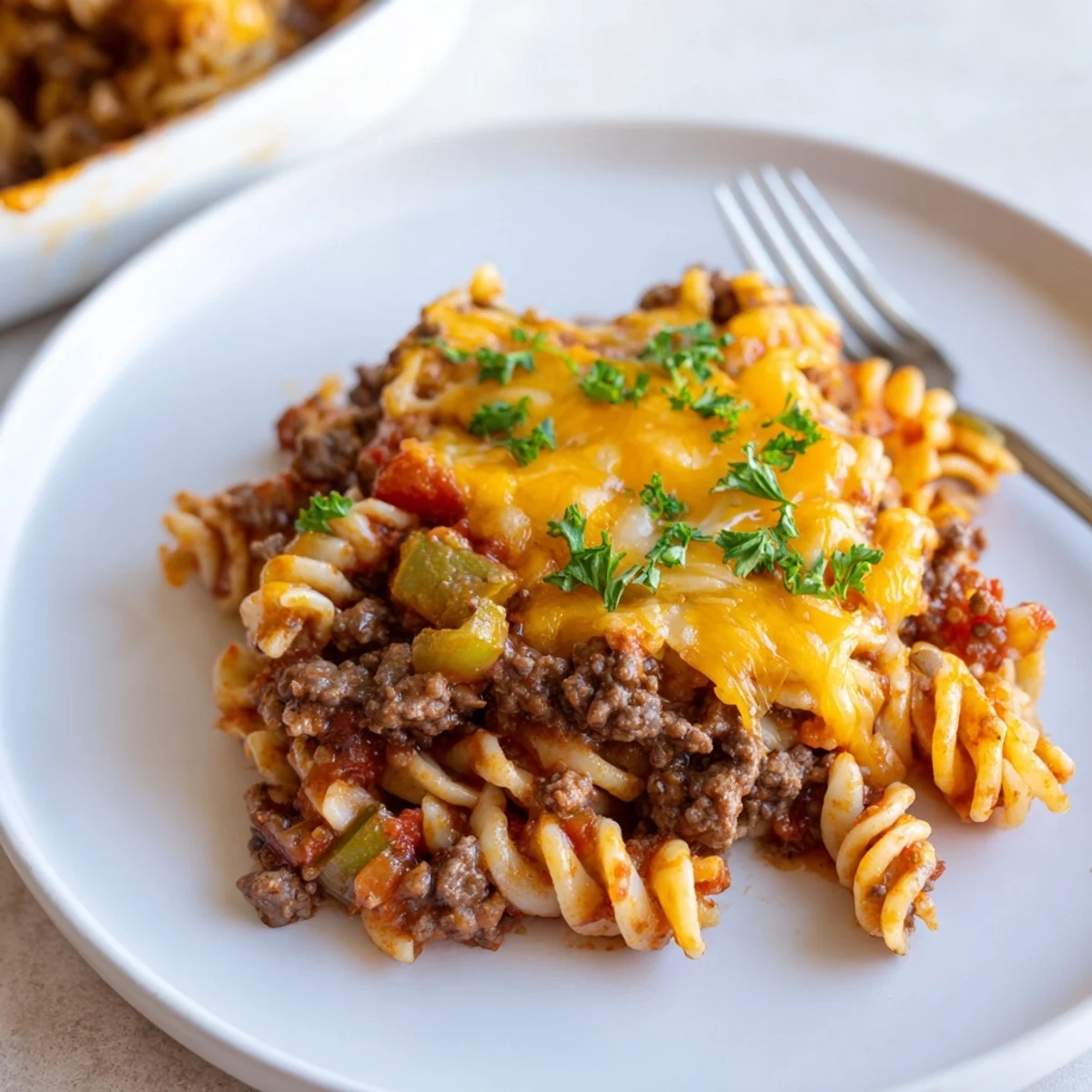 Beef Noodle Casserole bubbling with melted cheddar, golden edges, parsley garnish
