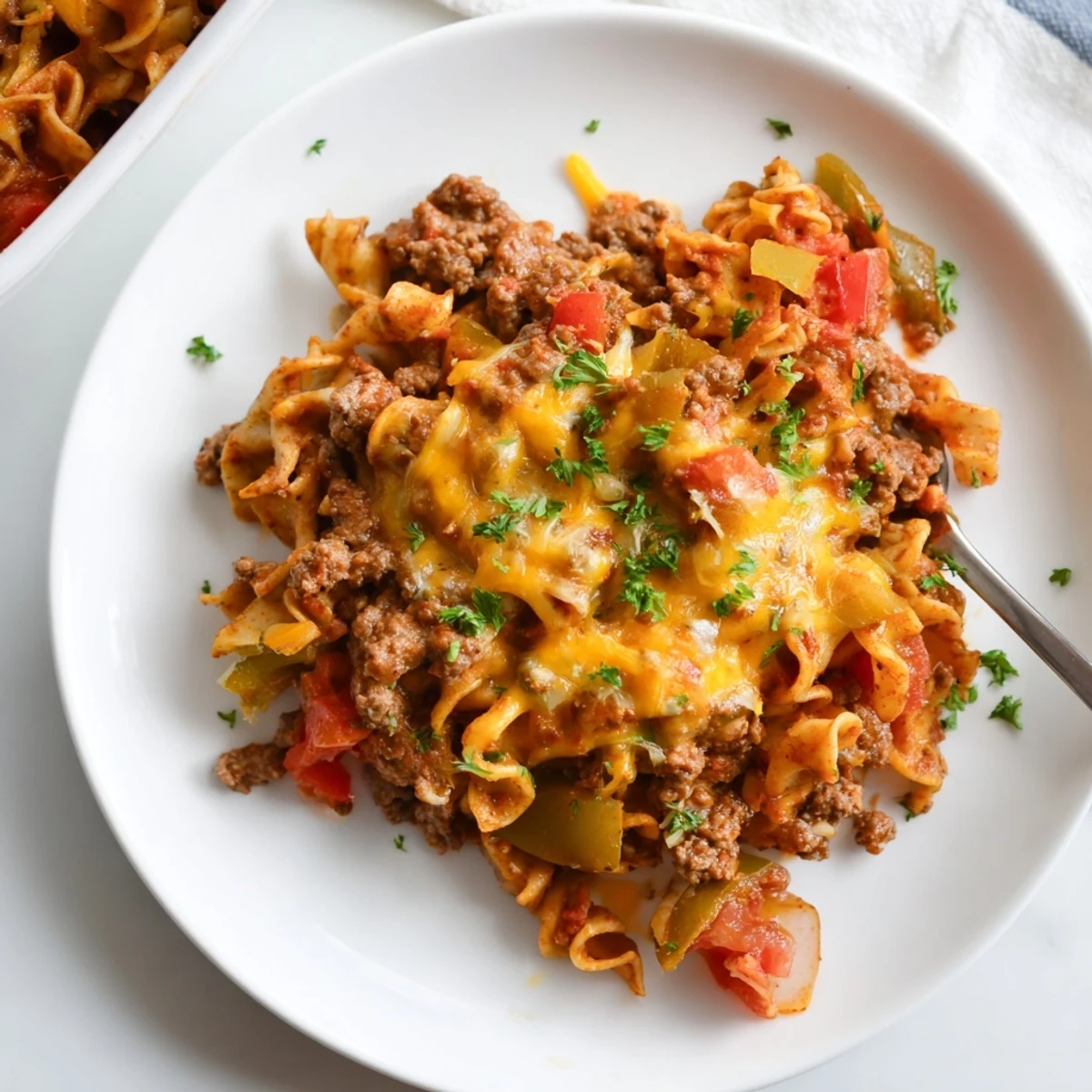 Hearty Beef Noodle Casserole spooned onto plates beside garlic bread