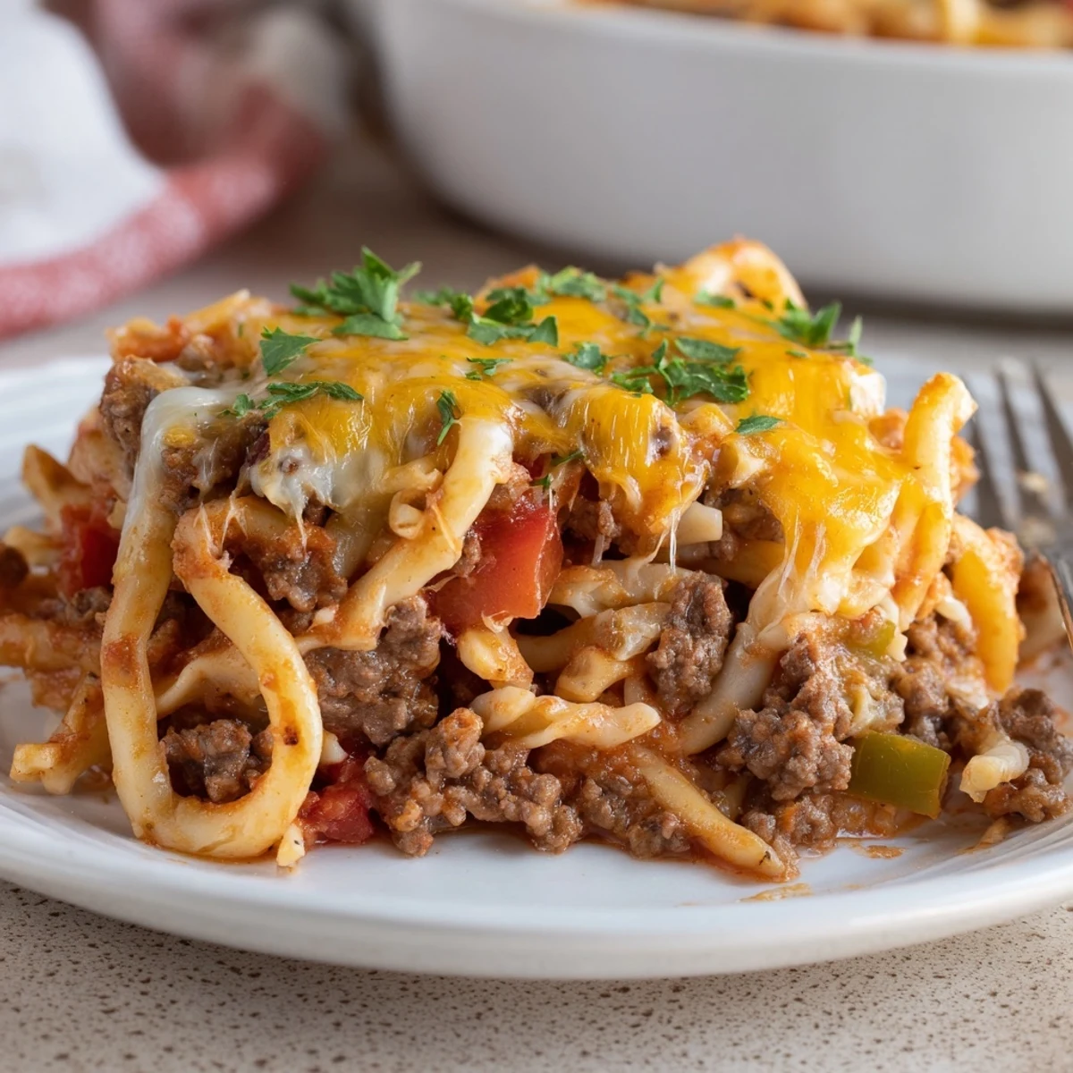 Golden-topped Beef Noodle Casserole steaming after baking, rich tomato and beef aroma