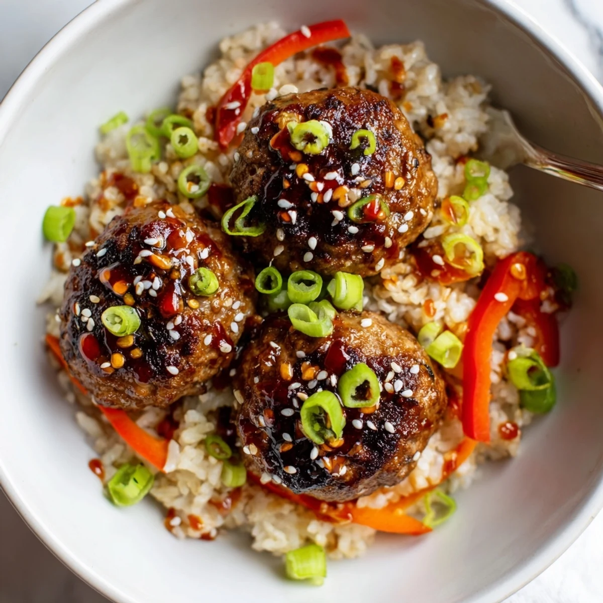 Hello Fresh Firecracker Meatballs glazed in shiny spicy honey sauce over jasmine rice