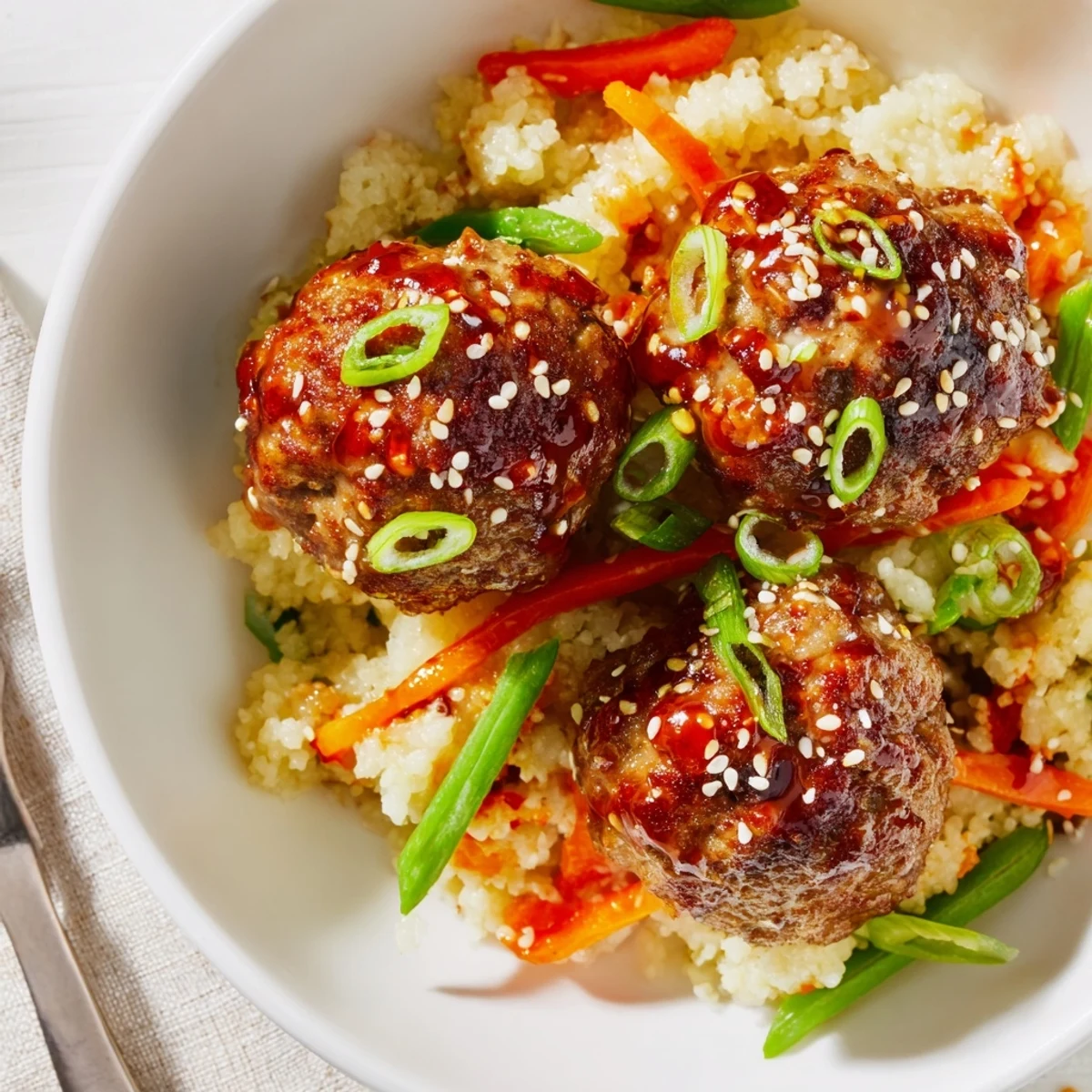 Family-style Hello Fresh Firecracker Meatballs piled over fluffy jasmine rice, spicy aroma