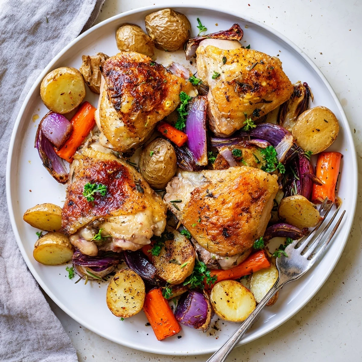 Sheet Pan Chicken And Potatoes with golden crispy skin, roasted herb aroma