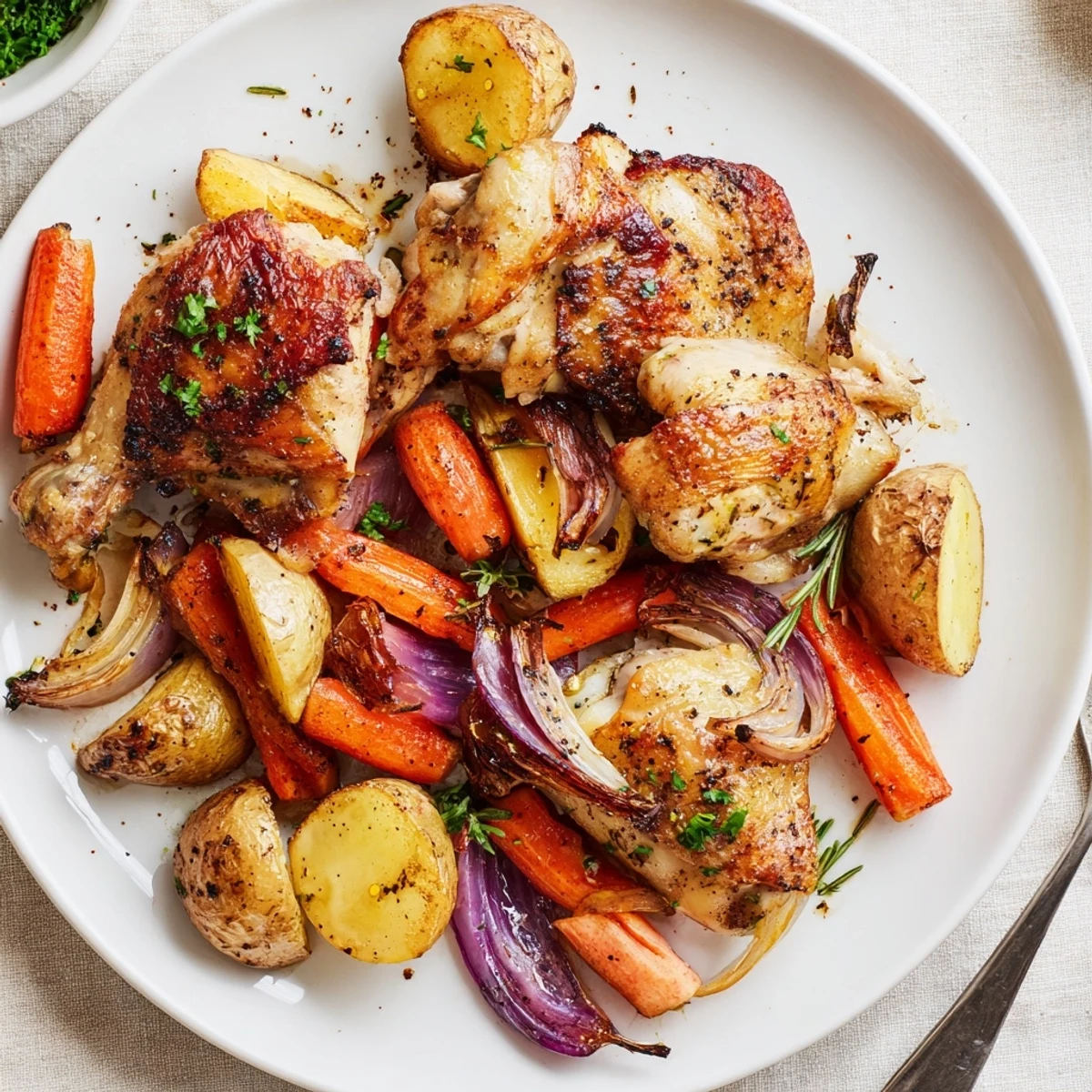 Family style Sheet Pan Chicken And Potatoes resting on parchment, steaming and fragrant
