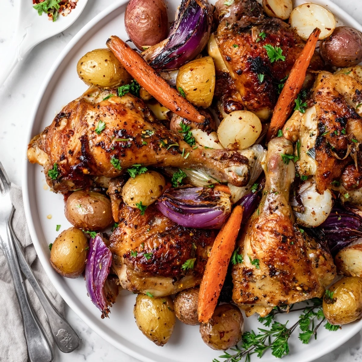 Easy Sheet Pan Chicken And Potatoes served with chopped parsley, fork ready potatoes