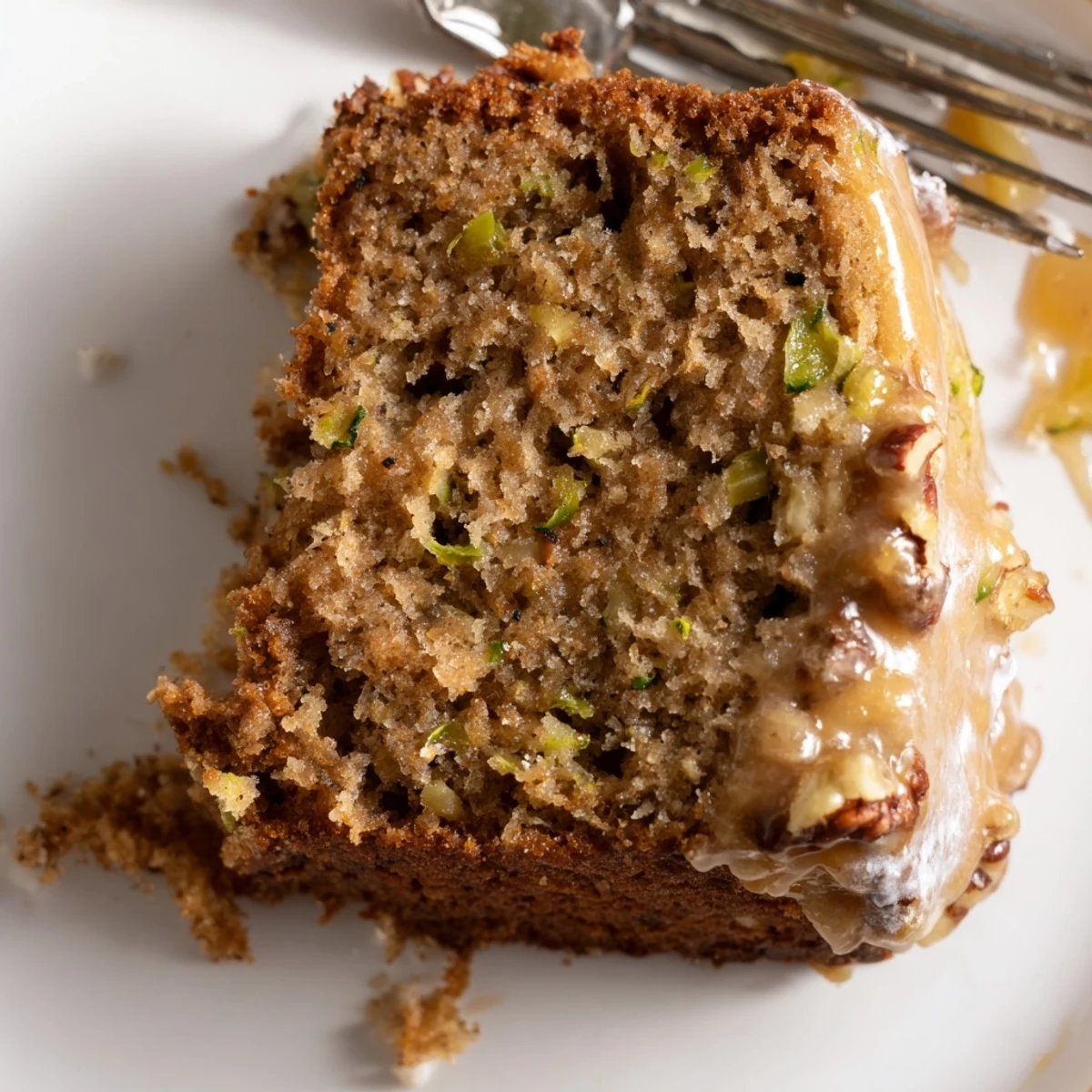 Slice of Zucchini Cake With Brown Sugar Icing beside steaming coffee.