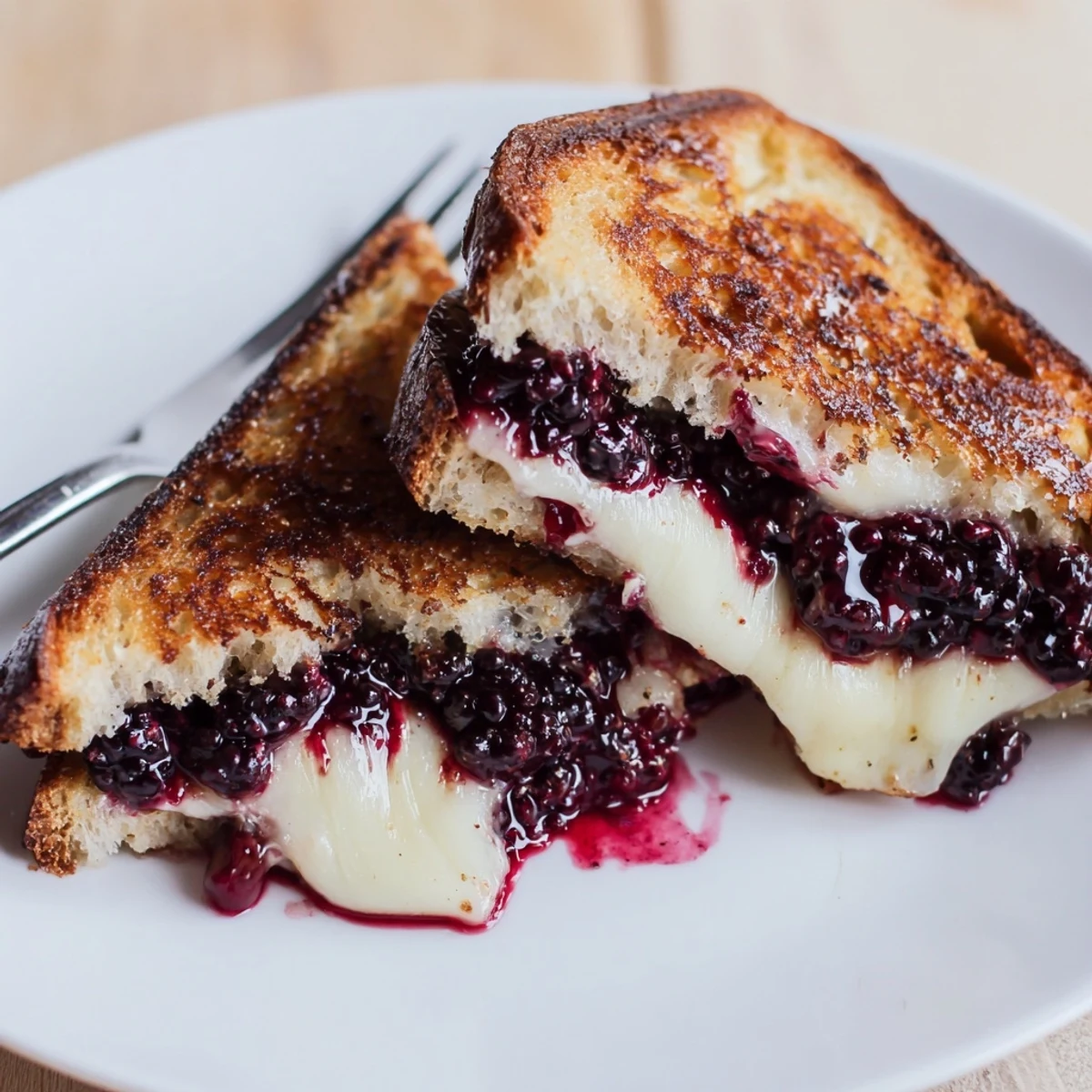 Warm Blackberry Balsamic and Brie Grilled Cheese served with fresh basil and berries