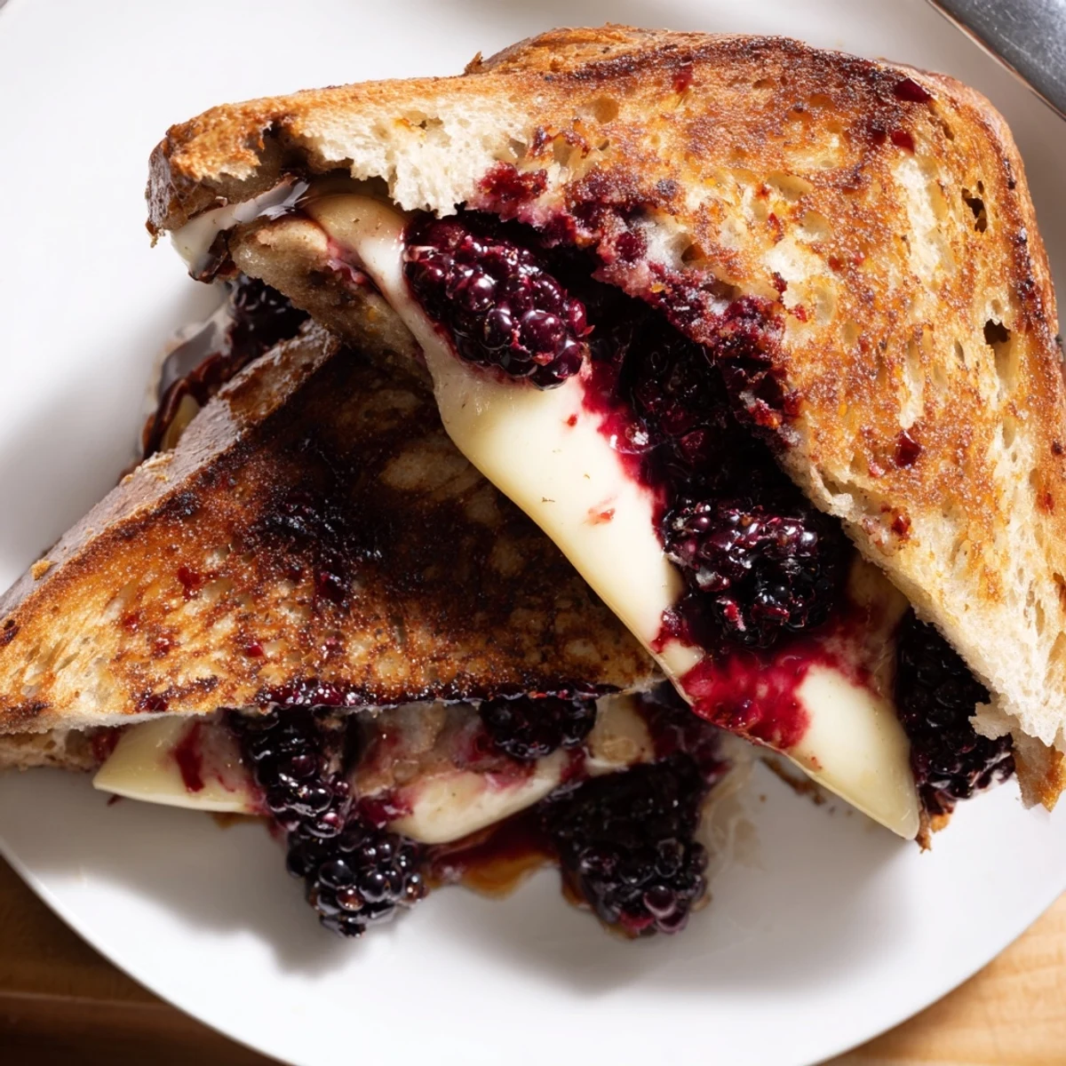 Sliced Blackberry Balsamic and Brie Grilled Cheese drizzled with sweet tangy balsamic reduction