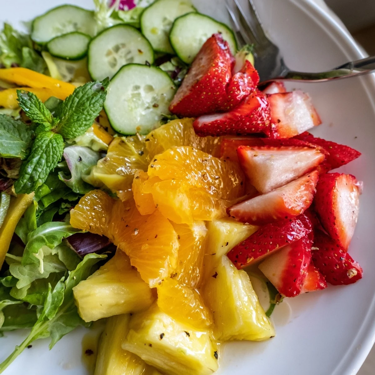 Sunshine Salad with juicy oranges, pineapple, and mint, drizzled honey-lime dressing