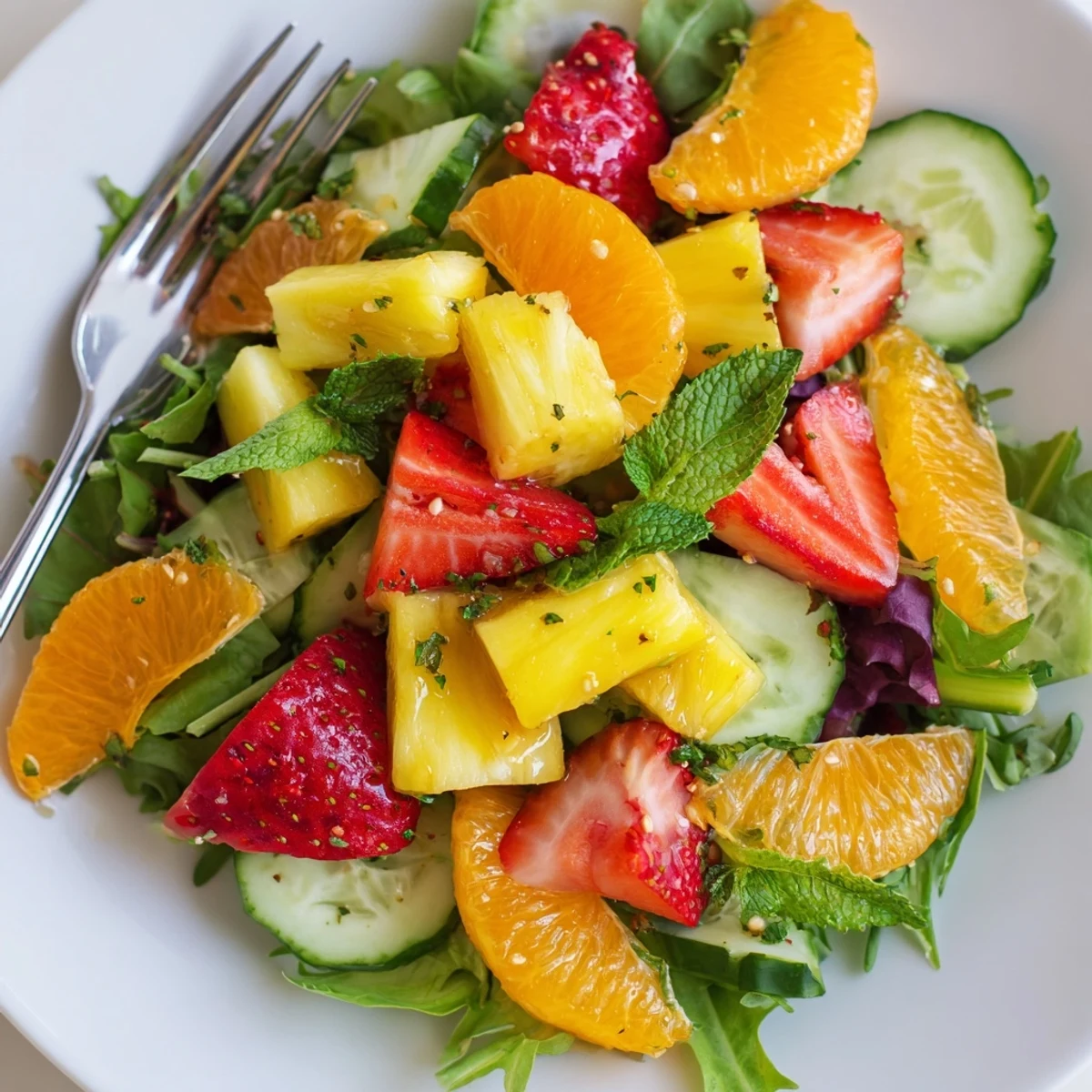 Bright Sunshine Salad tossed with crisp cucumber, yellow pepper, and fresh mint