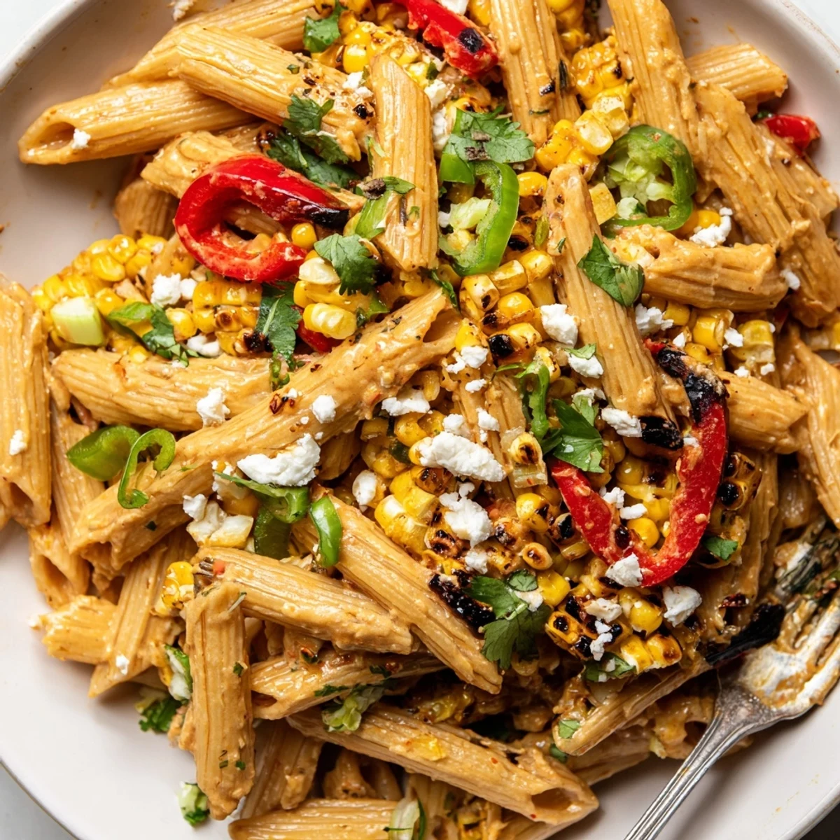 Creamy Street Corn Pasta Salad with grilled kernels, cilantro, and lime.