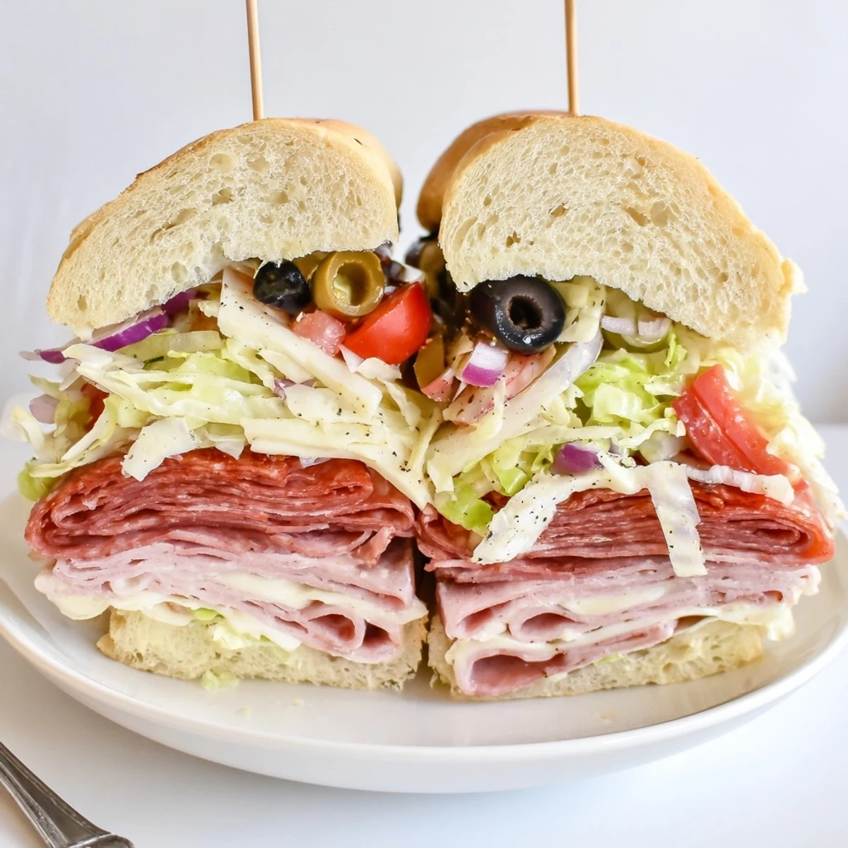 Toasty Italian Grinder Salad Sandwich piled high with meats, crisp salad.