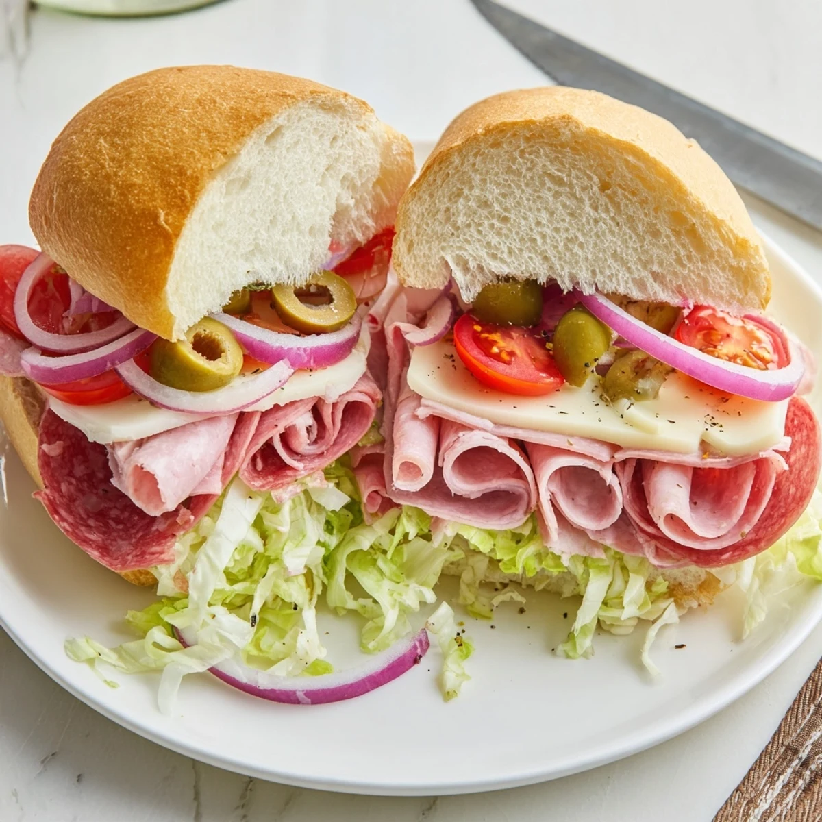 Sliced Italian Grinder Salad Sandwich showing melted provolone, crunchy pepperoncini.