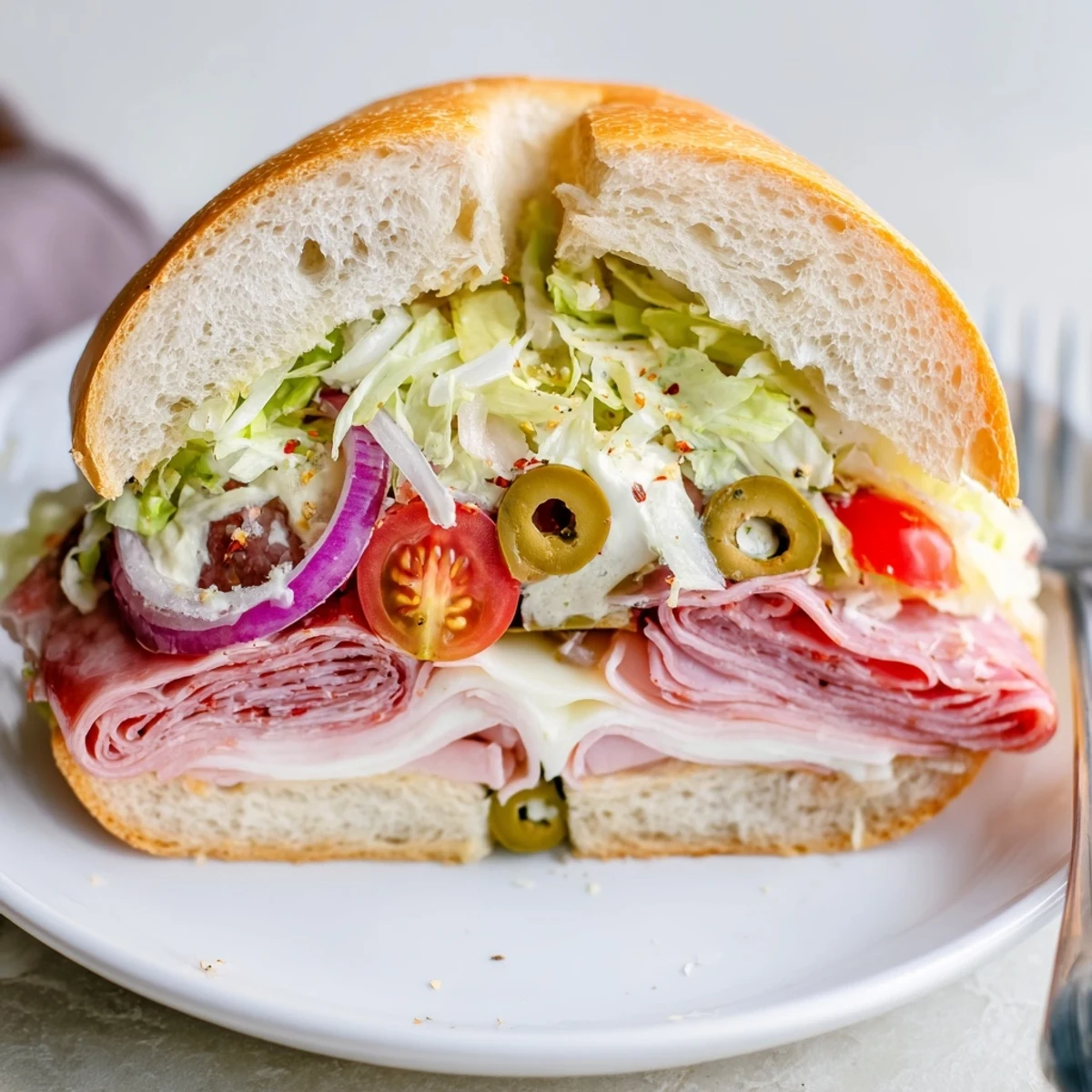 Halved Italian Grinder Salad Sandwich on board, tangy dressing dripping slightly.