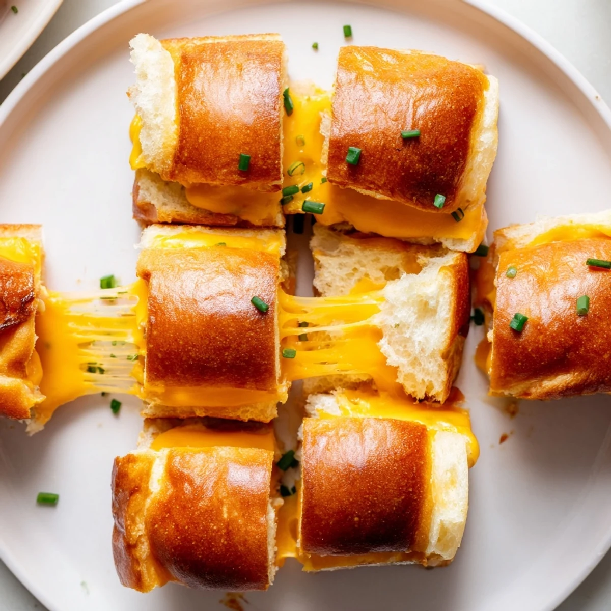 Golden, gooey Mini Grilled Cheese Hawaiian Rolls cooling on a wooden board