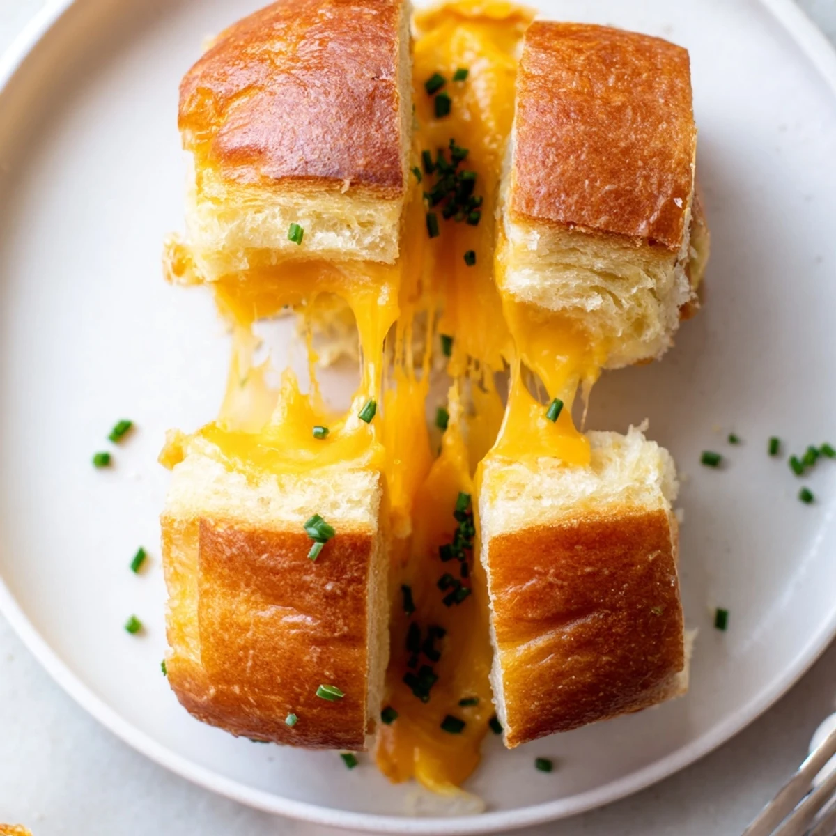 Butter brushed Mini Grilled Cheese Hawaiian Rolls sizzling in skillet, cheese oozing