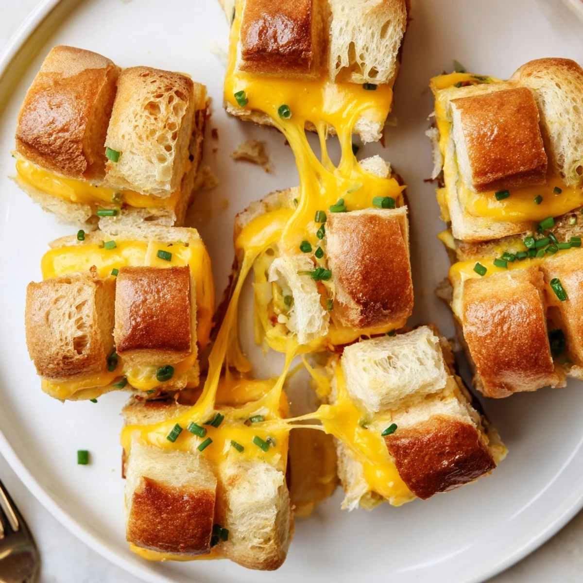 Party ready Mini Grilled Cheese Hawaiian Rolls, pulled apart, sprinkled with chives