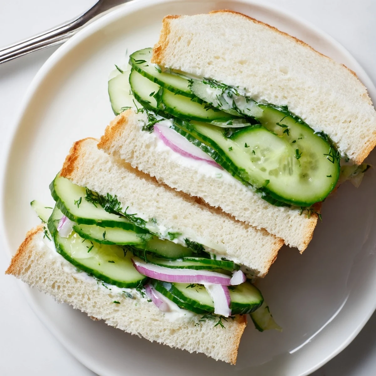 Quick Cucumber Salad Sandwiches layered with crisp cucumbers, dill, soft bread