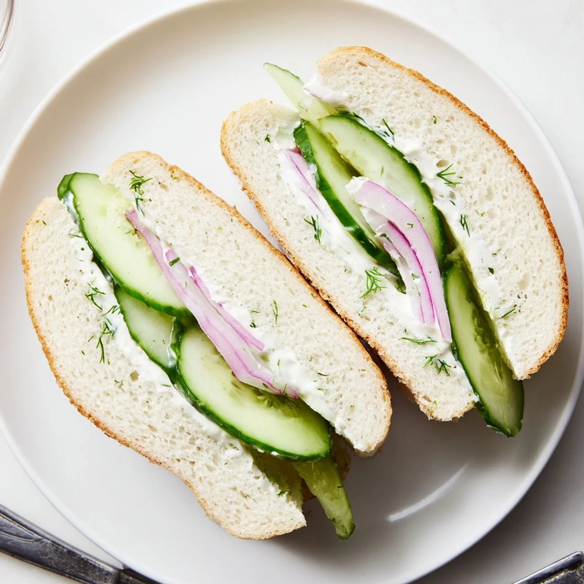 Buttered soft bread holding Quick Cucumber Salad Sandwiches, perfect light lunch