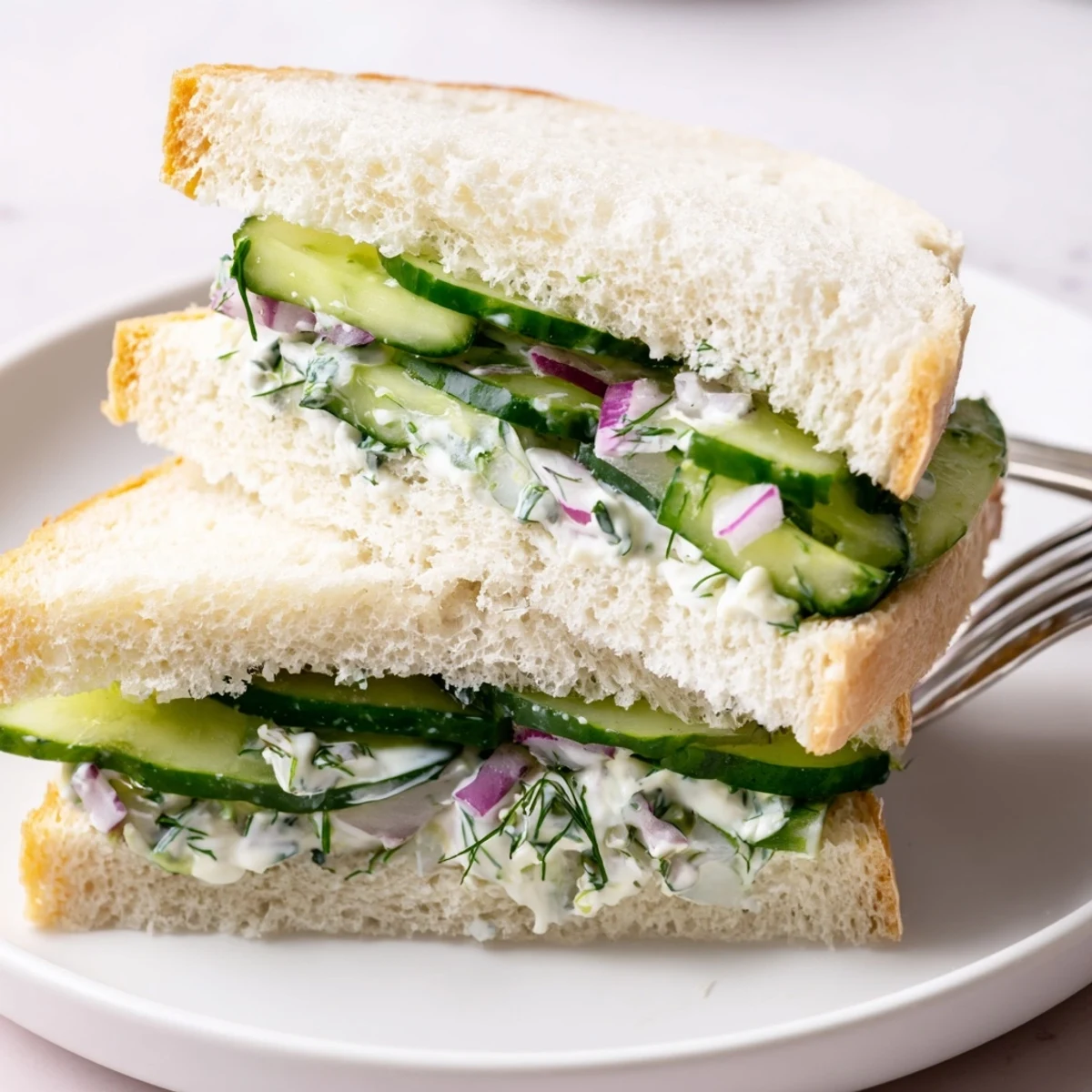 Creamy lemon-dressed Quick Cucumber Salad Sandwiches, halved on a wooden board