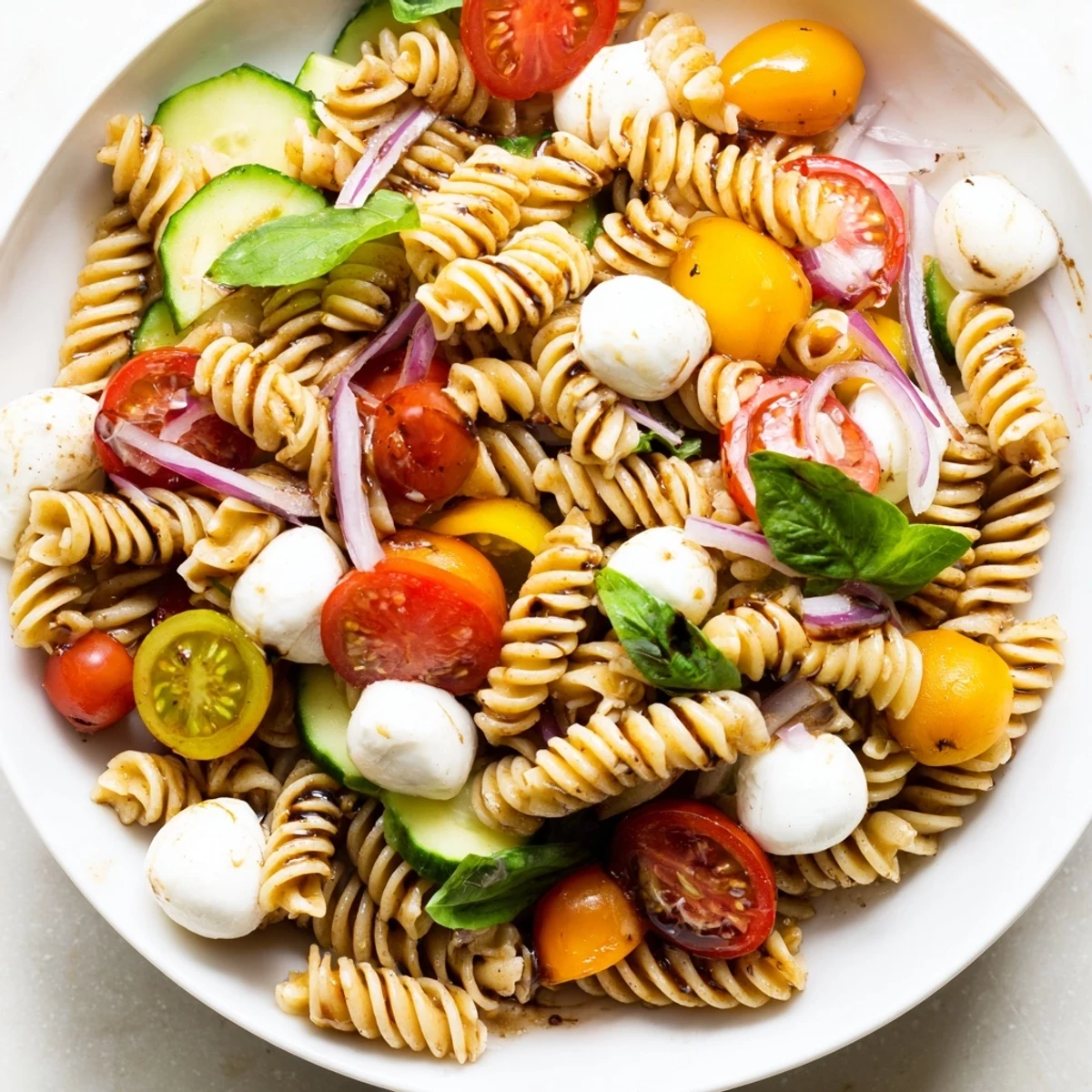 Chilled Colorful Caprese Pasta Salad tossed in zesty balsamic vinaigrette, ready to serve