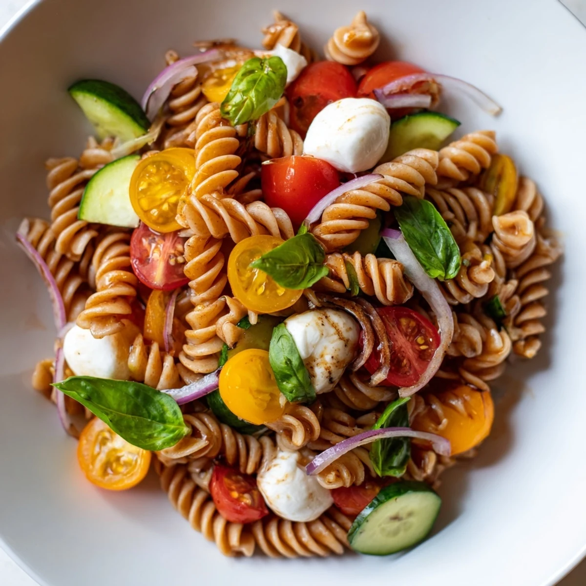 Colorful Caprese Pasta Salad with glossy cherry tomatoes and fragrant basil