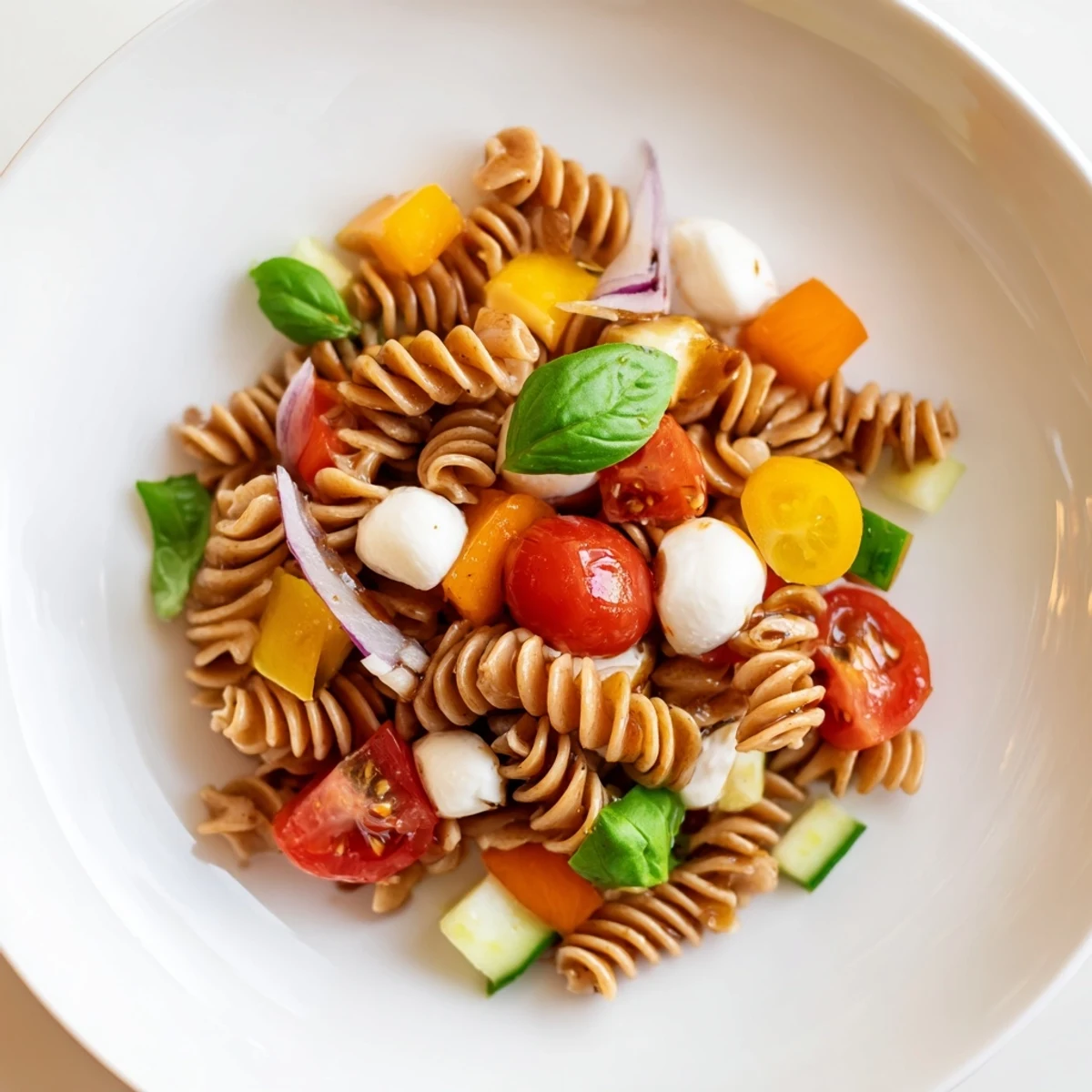 Family style Colorful Caprese Pasta Salad with creamy mozzarella, crunchy cucumber, bright peppers