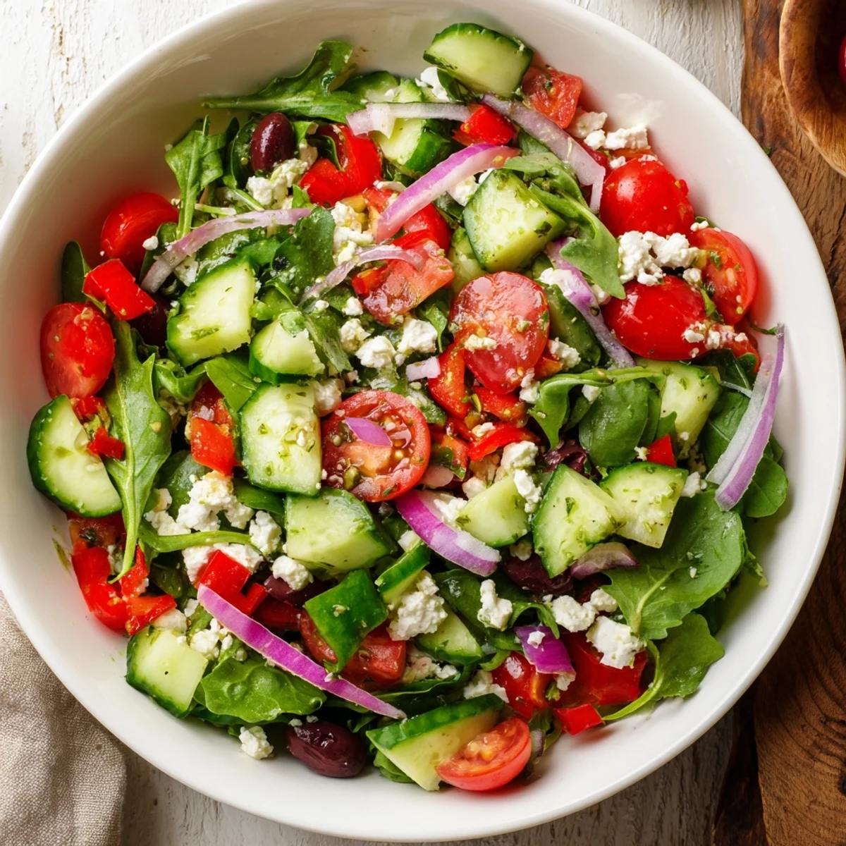 Aromatic Fresh Salad Recipe featuring crunchy cucumber, red pepper, feta crumbles