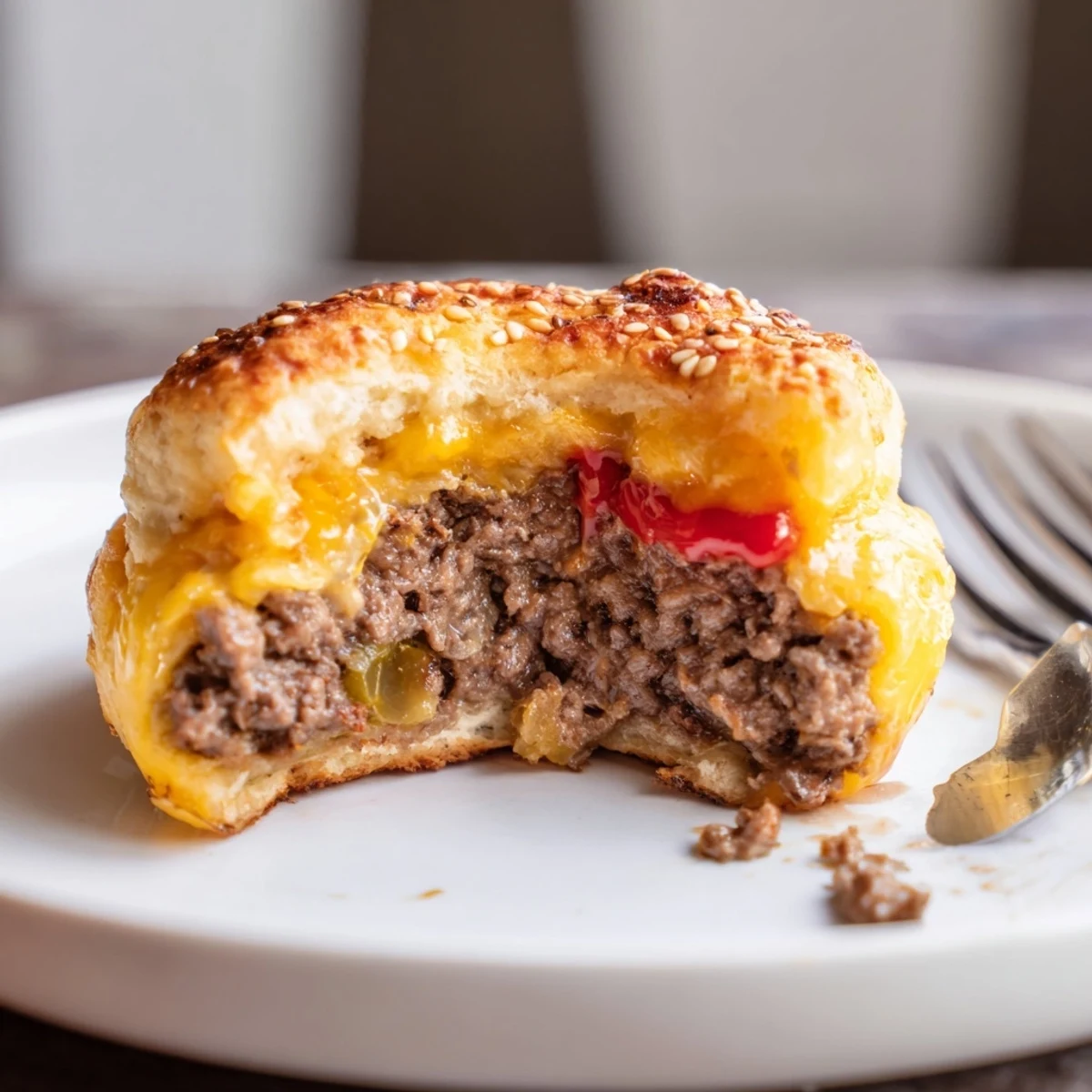 Cheesy Cheeseburger Bombs Explosion Recipe: golden biscuit pockets oozing melted cheddar and mozzarella