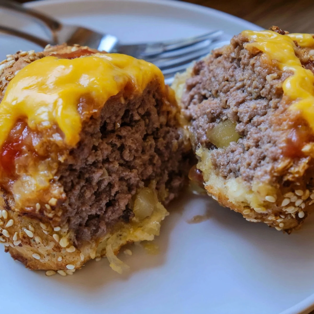 Hot from oven Cheesy Cheeseburger Bombs Explosion Recipe, sesame-topped and served with ketchup