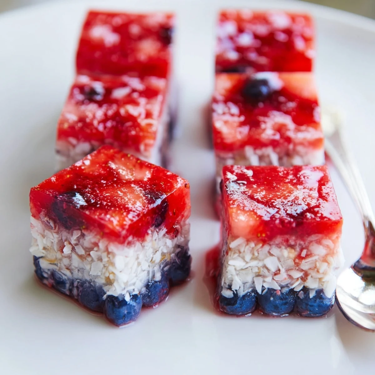 Patriotic Red White And Blue Ice Cubes Recipe showing berry textures and coconut.
