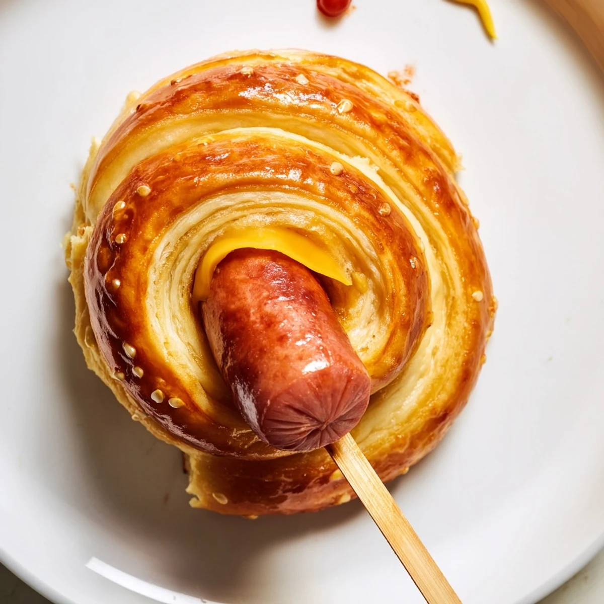 Party-ready Firecracker Hot Dogs on skewers, sprinkled sesame seeds, served with ketchup.