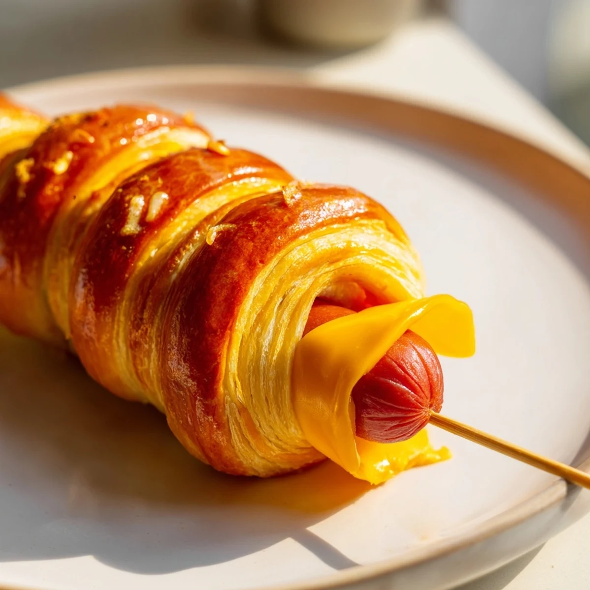 Warm from oven, Firecracker Hot Dogs tucked in golden dough, served with potato salad.