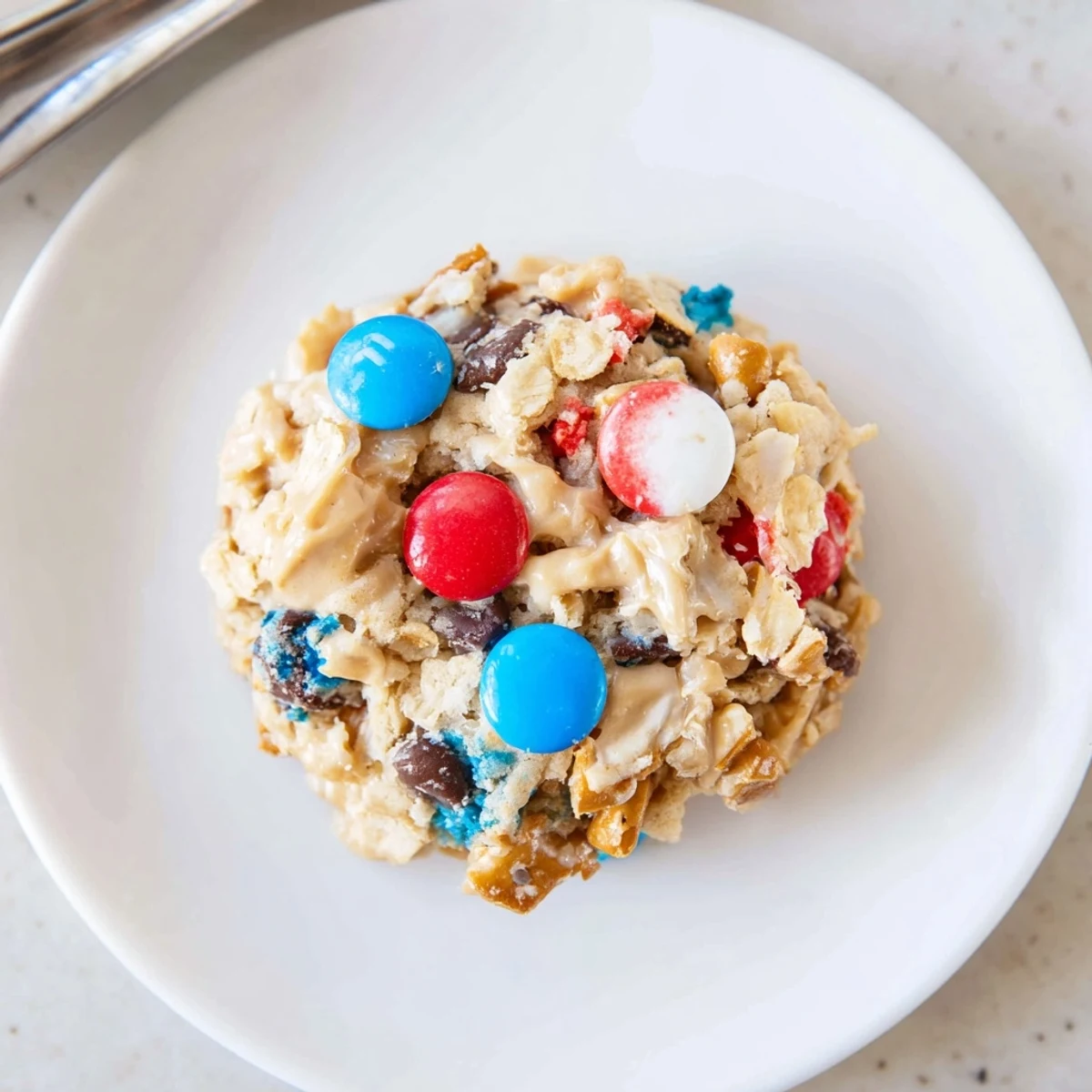 Chewy, colorful Patriotic Monster Cookies Recipe with peanut butter aroma, cooling rack.