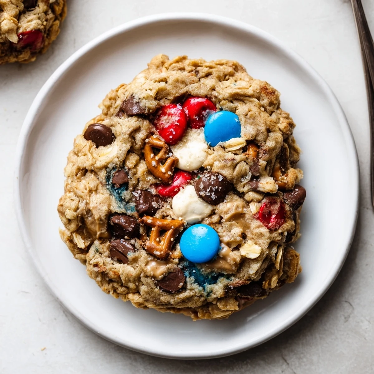 A golden-edged Patriotic Monster Cookies Recipe piled on picnic plate, festive.