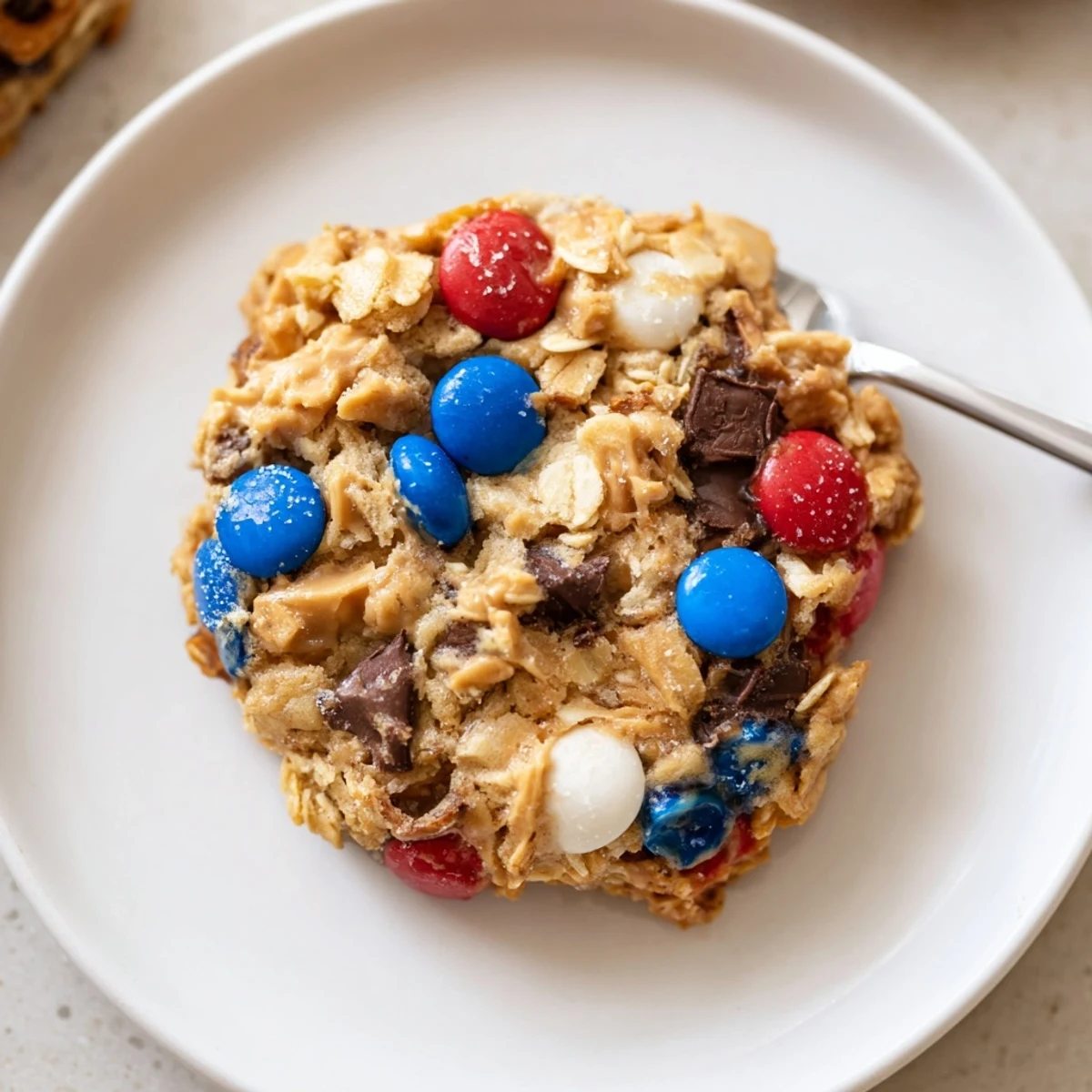 Serve warm Patriotic Monster Cookies Recipe beside milk for Fourth of July.