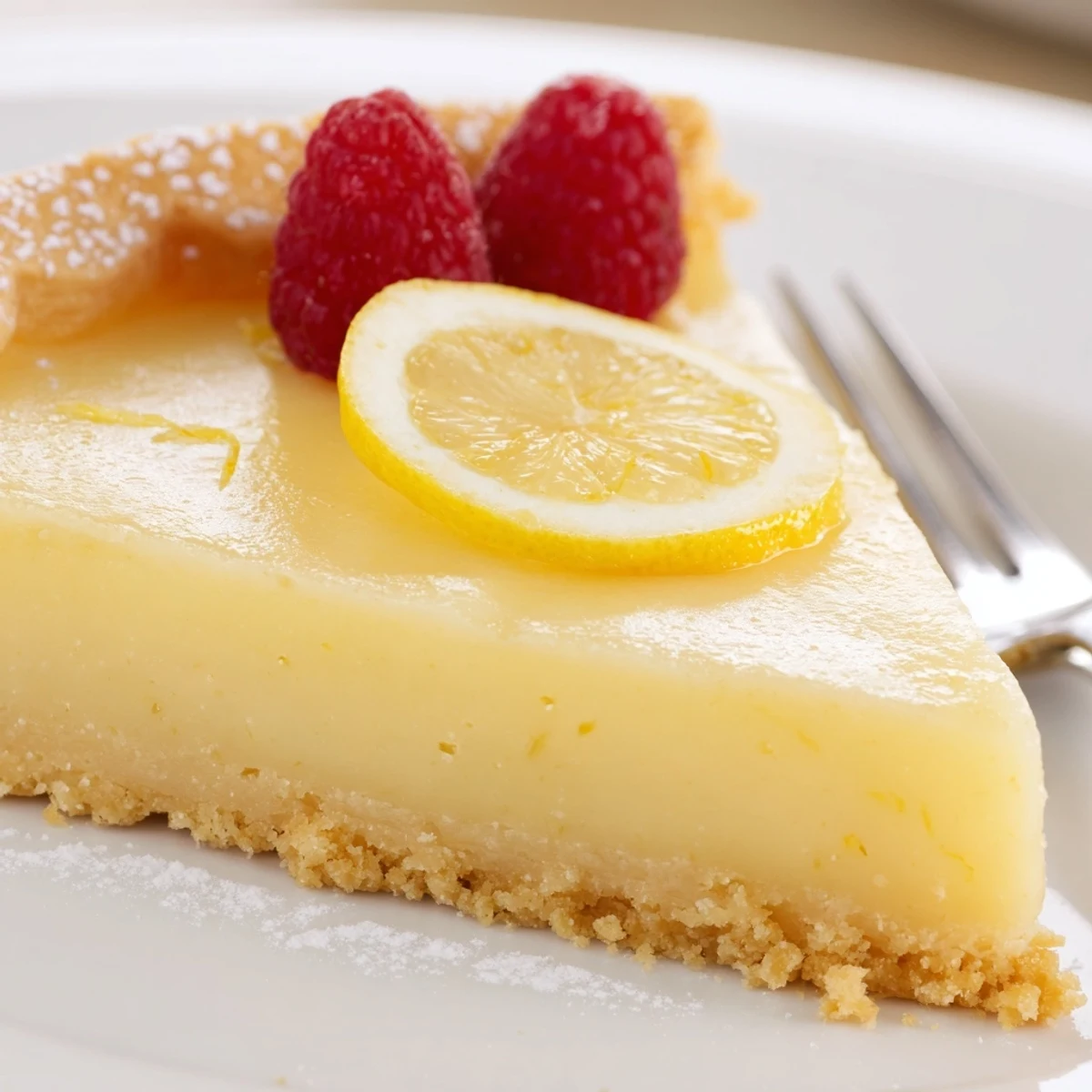 Freshly chilled Creamy Lemon Tart Recipe dusted with powdered sugar, berries.