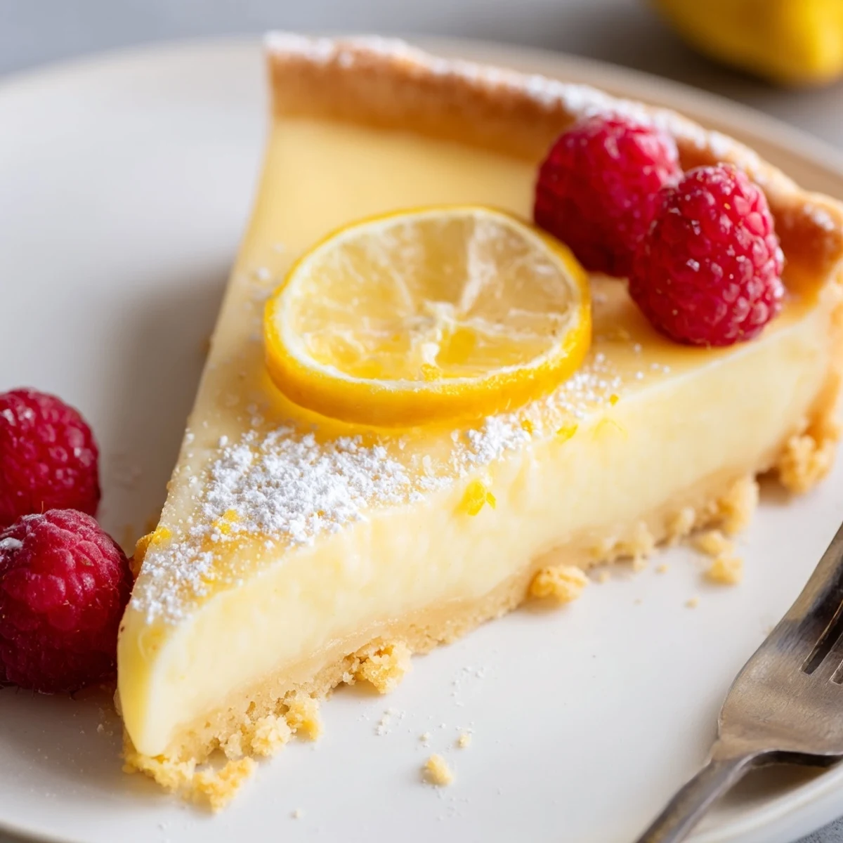 Warm from oven, Creamy Lemon Tart Recipe sliced, served with sparkling wine.