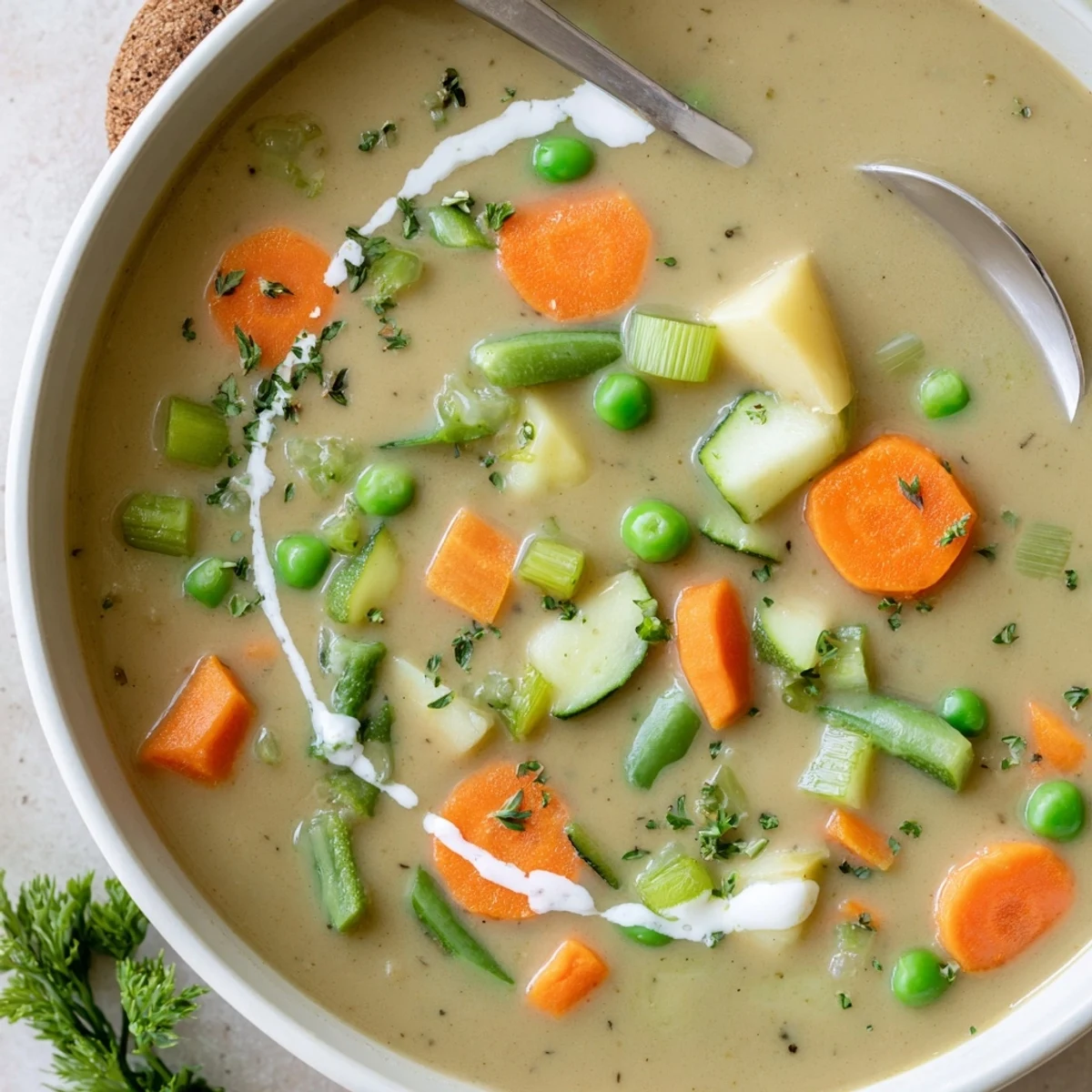 Bowl of Creamy Vegetable Soup Recipe, rich and warm, served with crusty bread