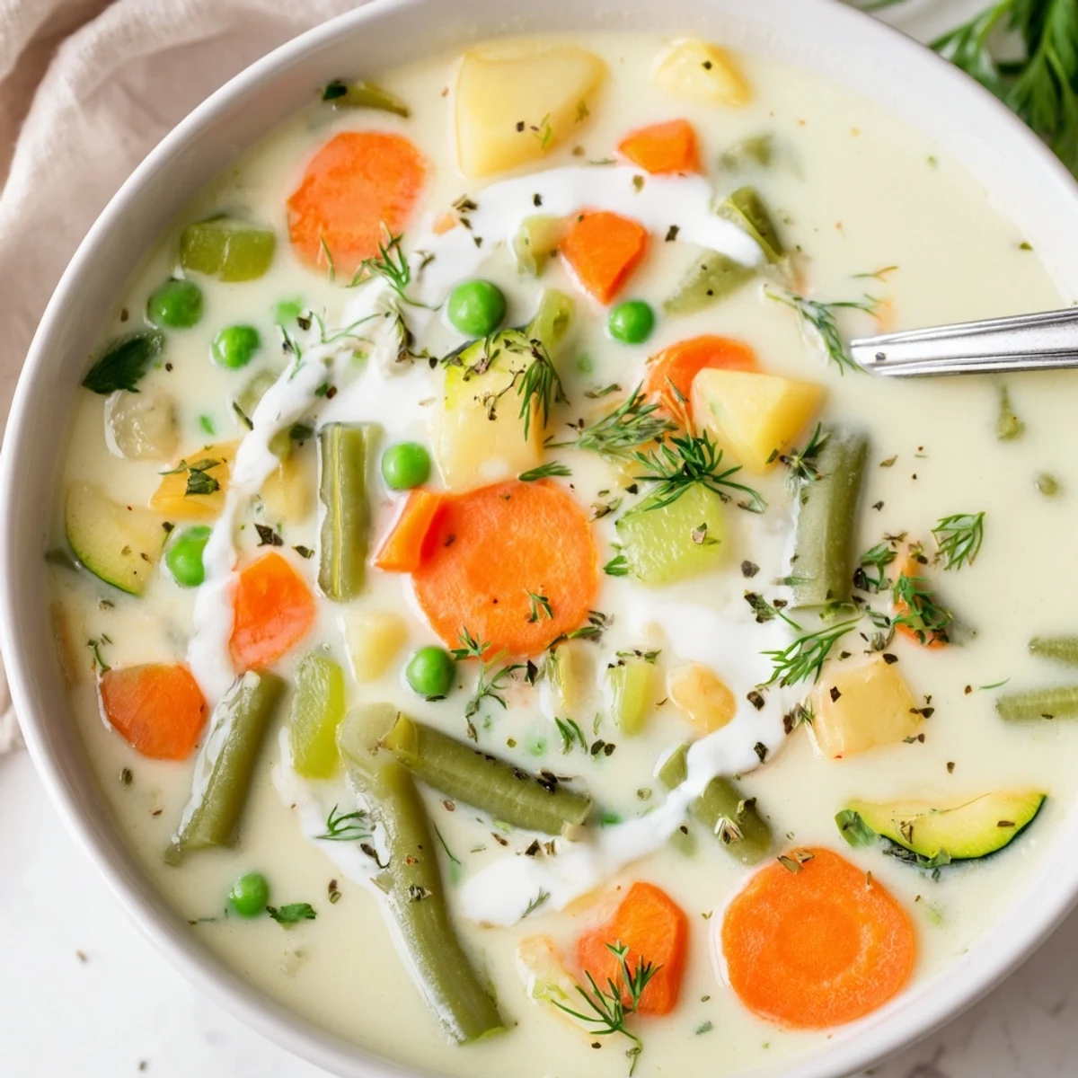 Spoon lifting Creamy Vegetable Soup, silky broth, tender vegetables and steaming