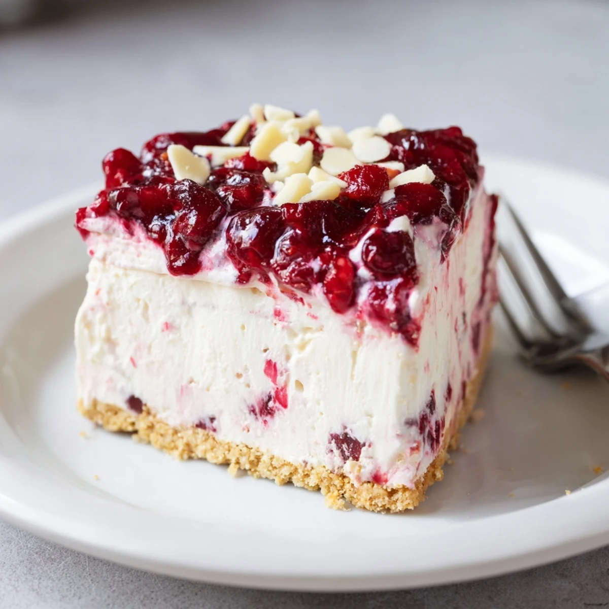 Glassy cranberry topping crowns a creamy No Bake Cranberry White Chocolate Cheesecake
