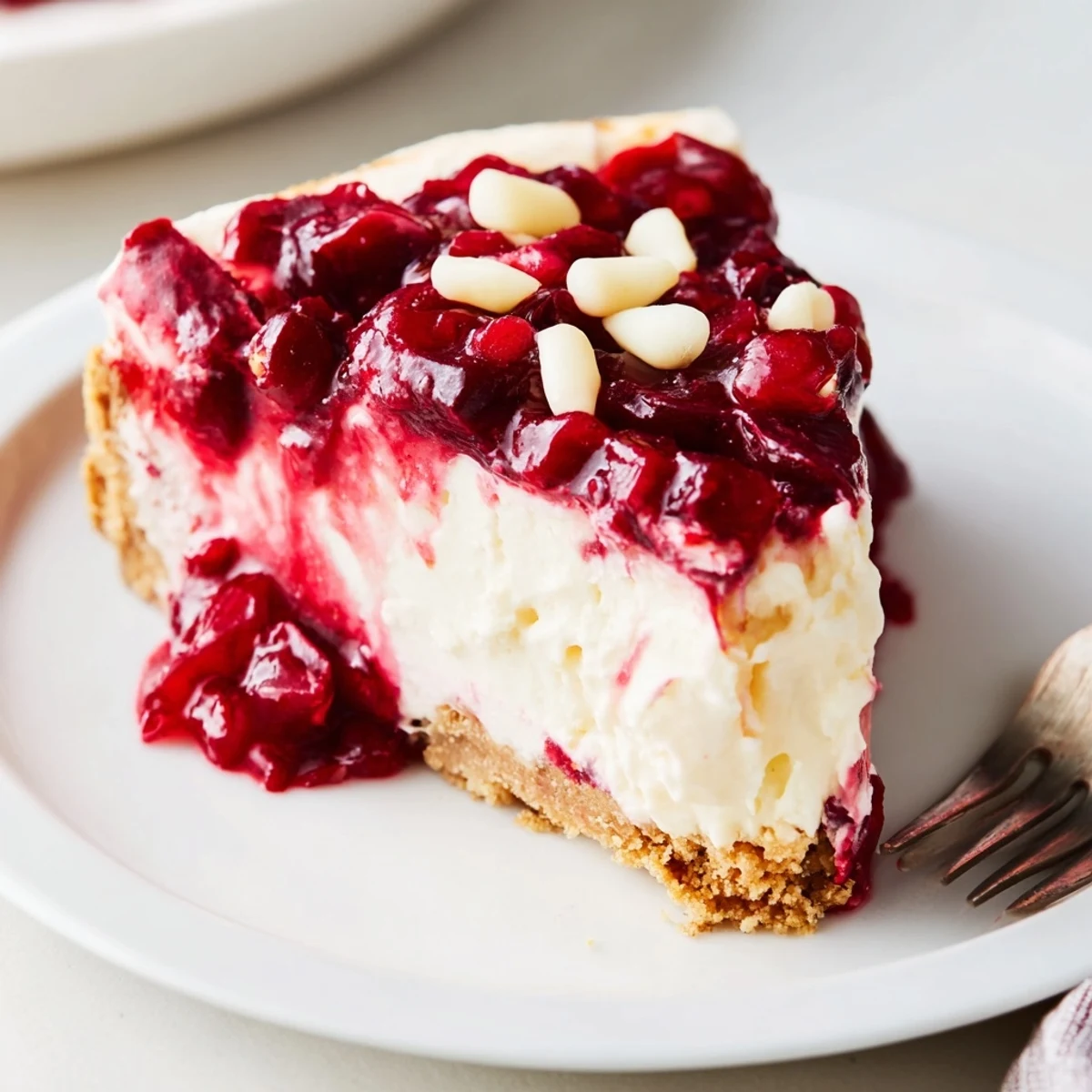 Slice of No Bake Cranberry White Chocolate Cheesecake on plate, chilled, garnished with shavings
