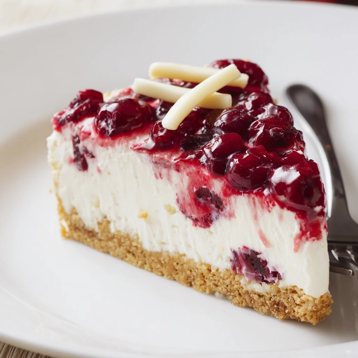 No Bake Cranberry White Chocolate Cheesecake resting on buttery graham crust, tangy cranberry burst