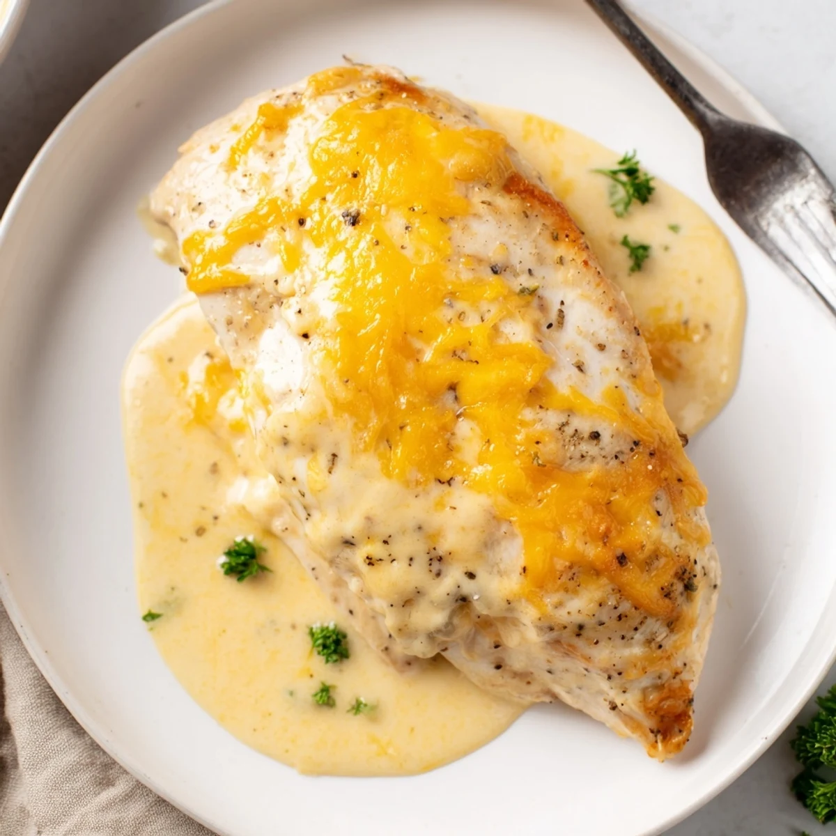 Juicy chicken breasts topped with warm Chicken With Cheese Sauce and herbs