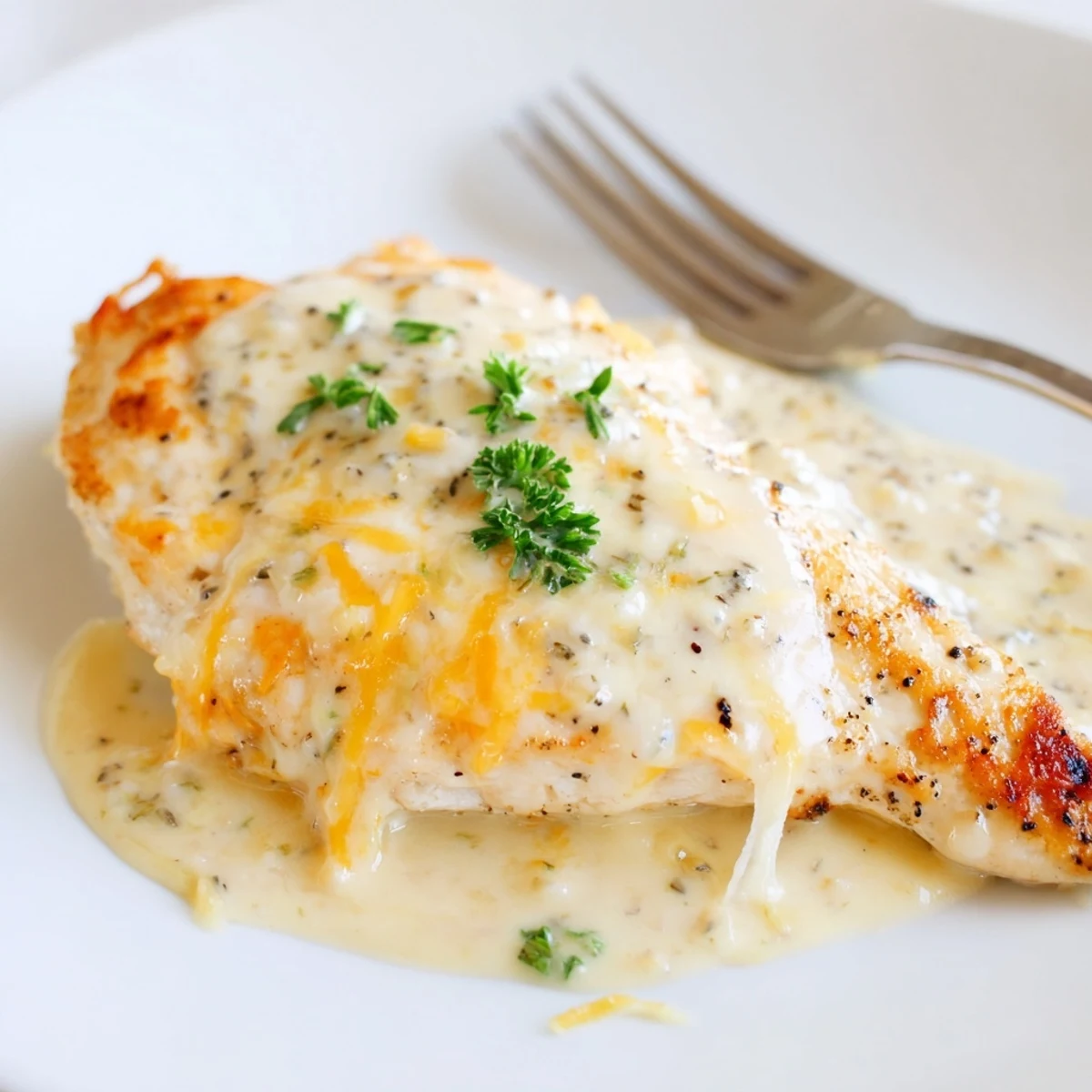 Oven-baked Chicken With Cheese Sauce spooned over tender breasts, steaming