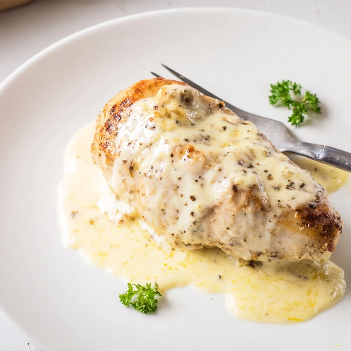 Creamy Chicken With Cheese Sauce served with roasted broccoli, comforting weeknight dinner