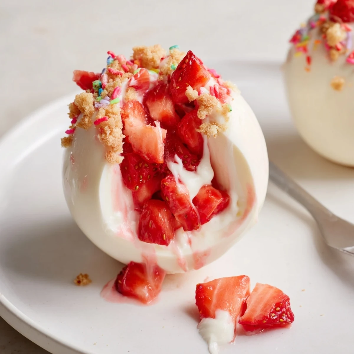 Sliced strawberry filling spilling from Strawberry Shortcake Easter Egg Bombs, creamy, crunchy.  