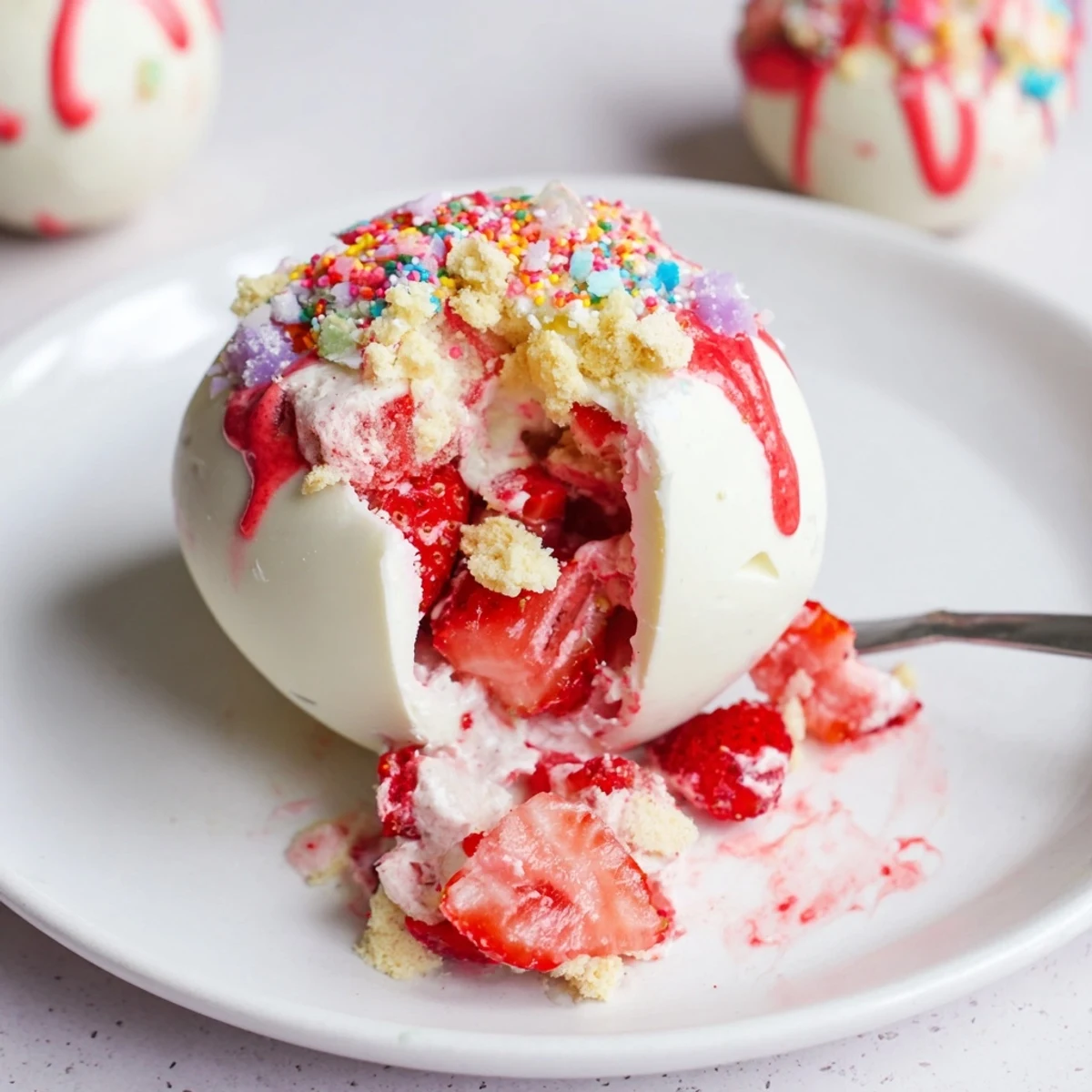 Hands assembling chilled Strawberry Shortcake Easter Egg Bombs, chocolate shells, sprinkle decorations.