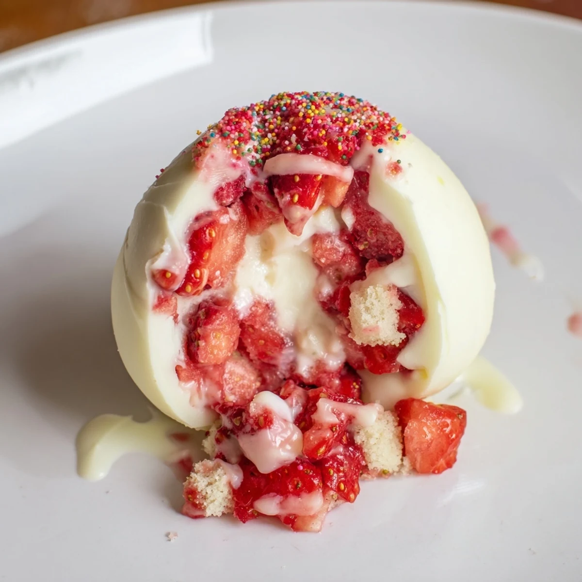 Three glazed Strawberry Shortcake Easter Egg Bombs on plate, whipped cream topping.  