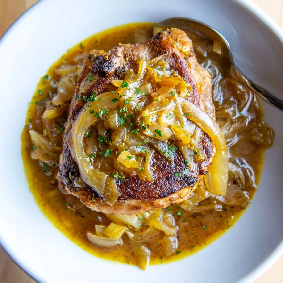 Savory Smothered Chicken Thighs bathed in onion-rich gravy, golden skin, steaming